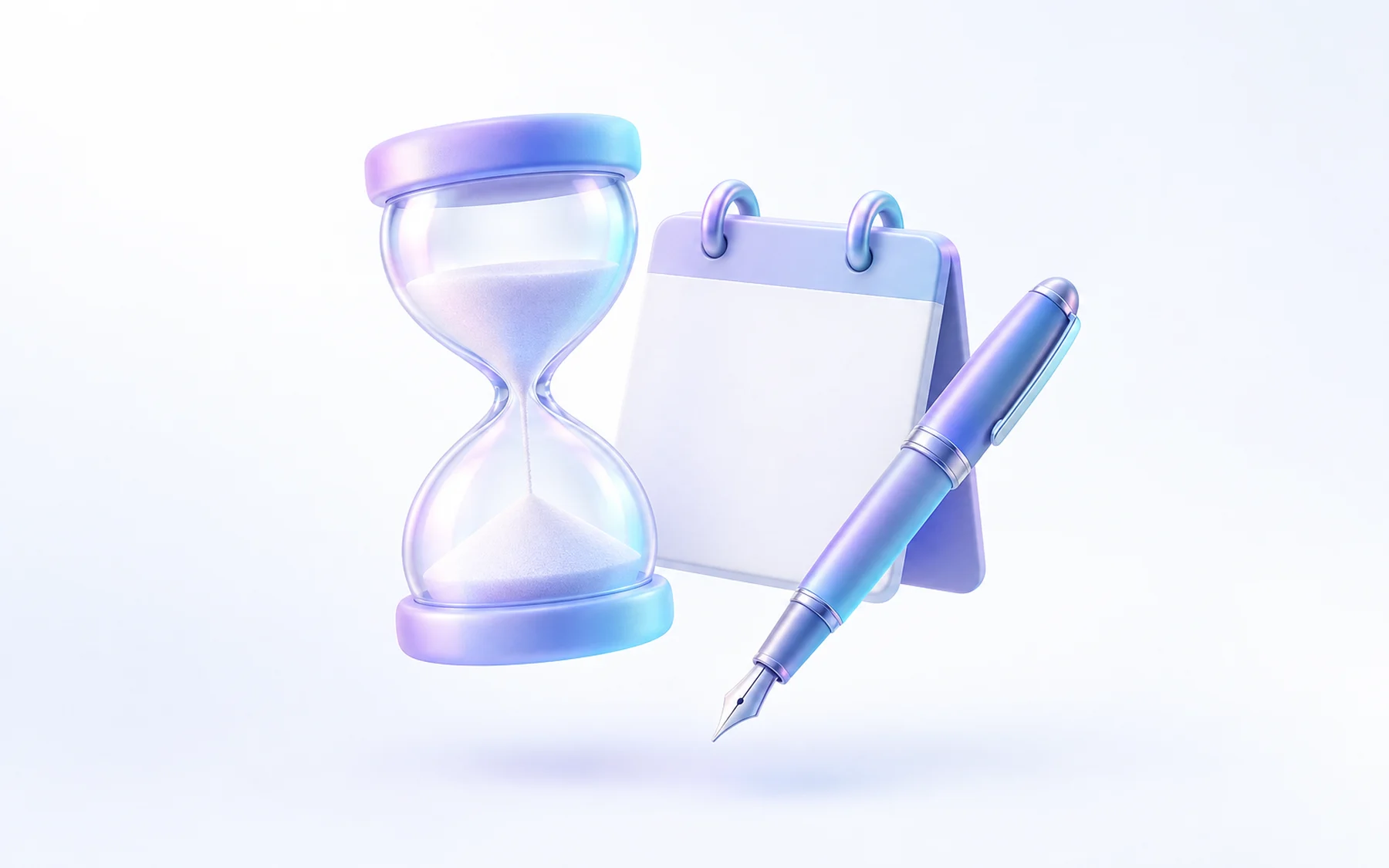 Illustration: an hourglass beside a blank calendar and a fountain pen.