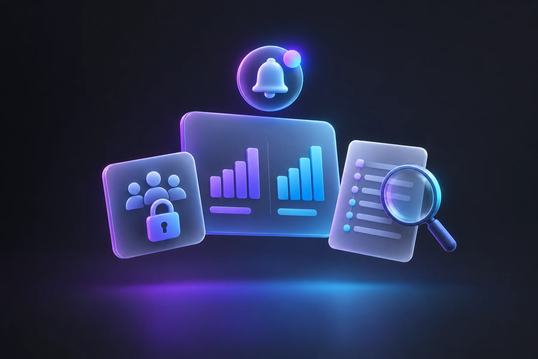 Illustration: A floating chart card showing spend and conversion bars, flanked by a small padlocked account-users card, a magnifying glass hovering over a change-log sheet, and a glowing notification badge above them.