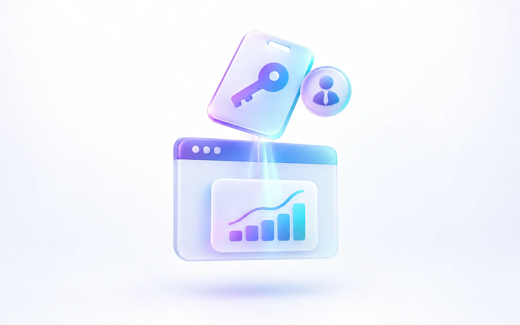 Illustration: A single key-shaped access card hovering above a browser window, with a small manager-badge icon and a soft connecting beam linking it to a chart card.