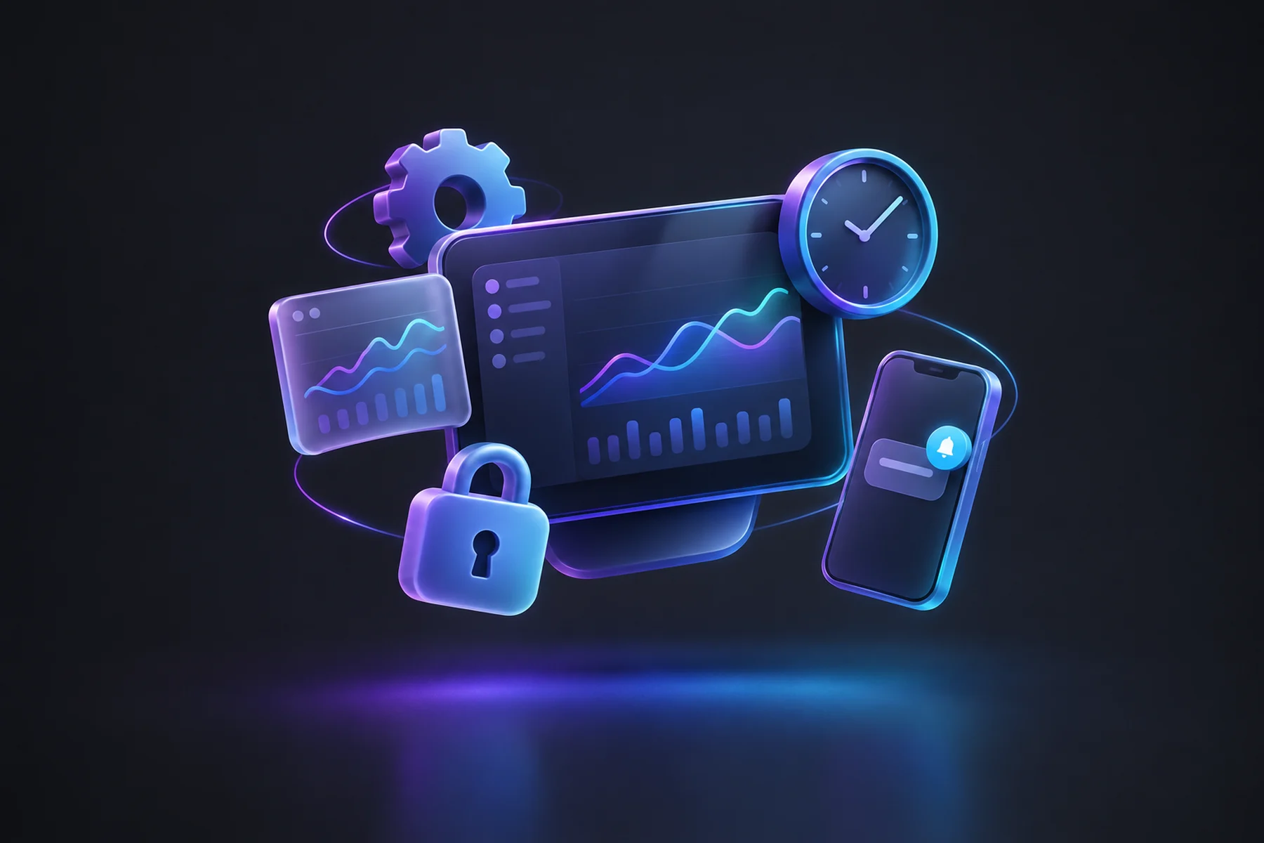 Illustration: A floating dashboard card with live chart lines, a small gear turning behind it, a clock face merged into its edge, a padlock icon, and a phone showing a notification badge, all orbiting a central glossy screen.