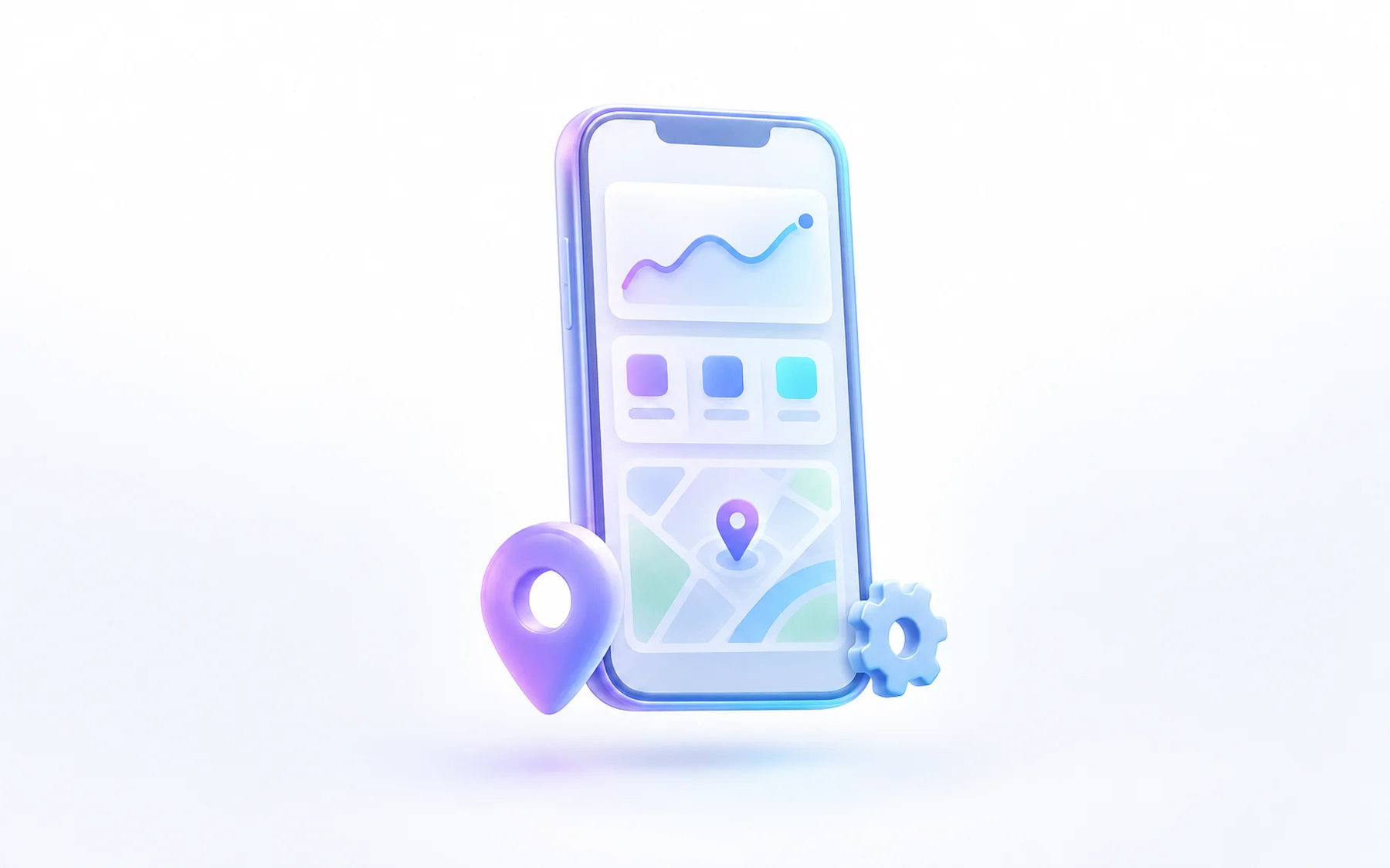 Illustration: A single glossy phone standing upright displaying a simple dashboard card, with a small map pin and a tiny gear attached to its base.