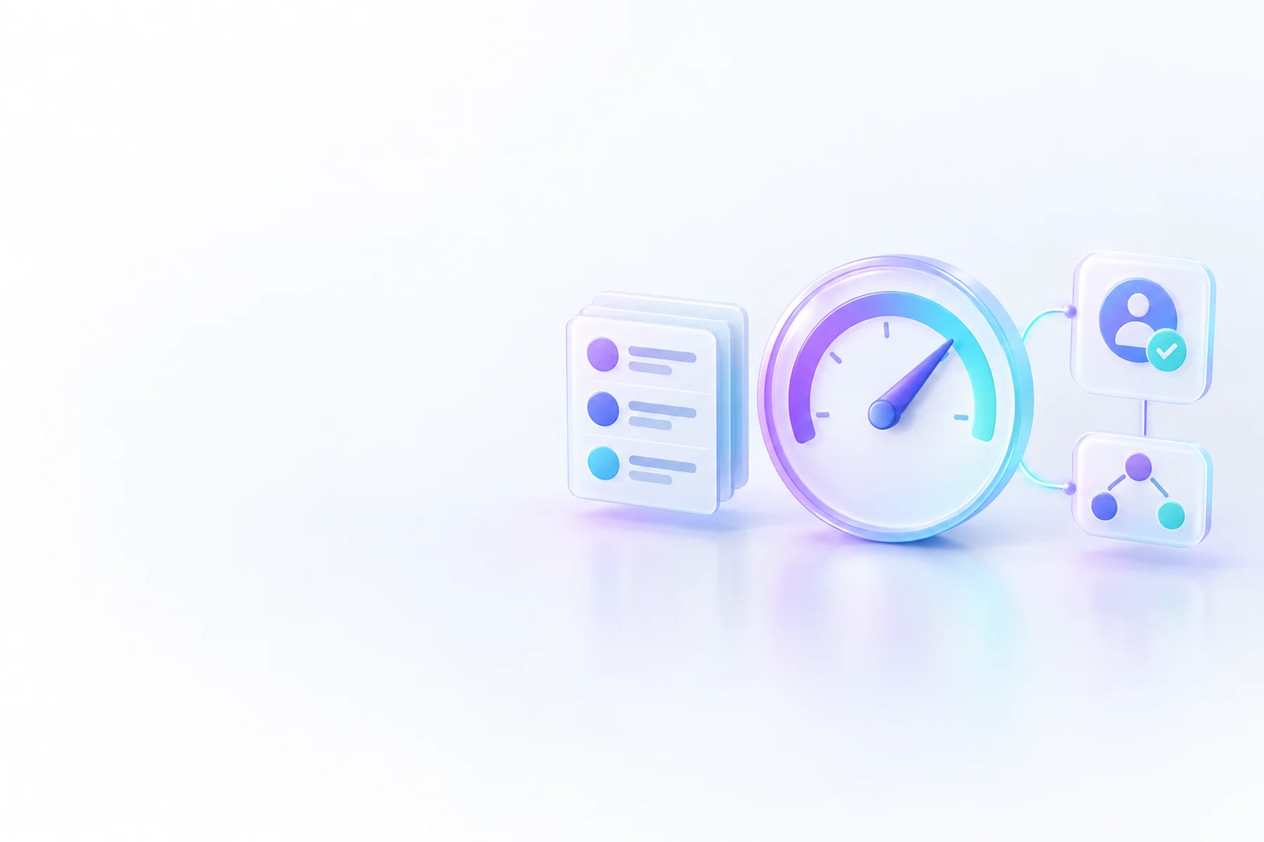 Illustration: A large glossy dial gauge with a rising needle, beside a stacked directory card, a checkmarked profile badge card, and a small schema tag card linked by a thin glowing line.