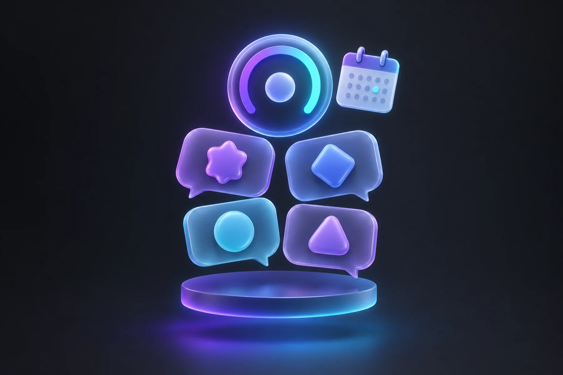 Illustration: A floating diorama of four glossy chat-bubble panels each stamped with a different soft badge shape for an AI engine, a central round score dial glowing above them, and a small calendar chip pinned beside it.