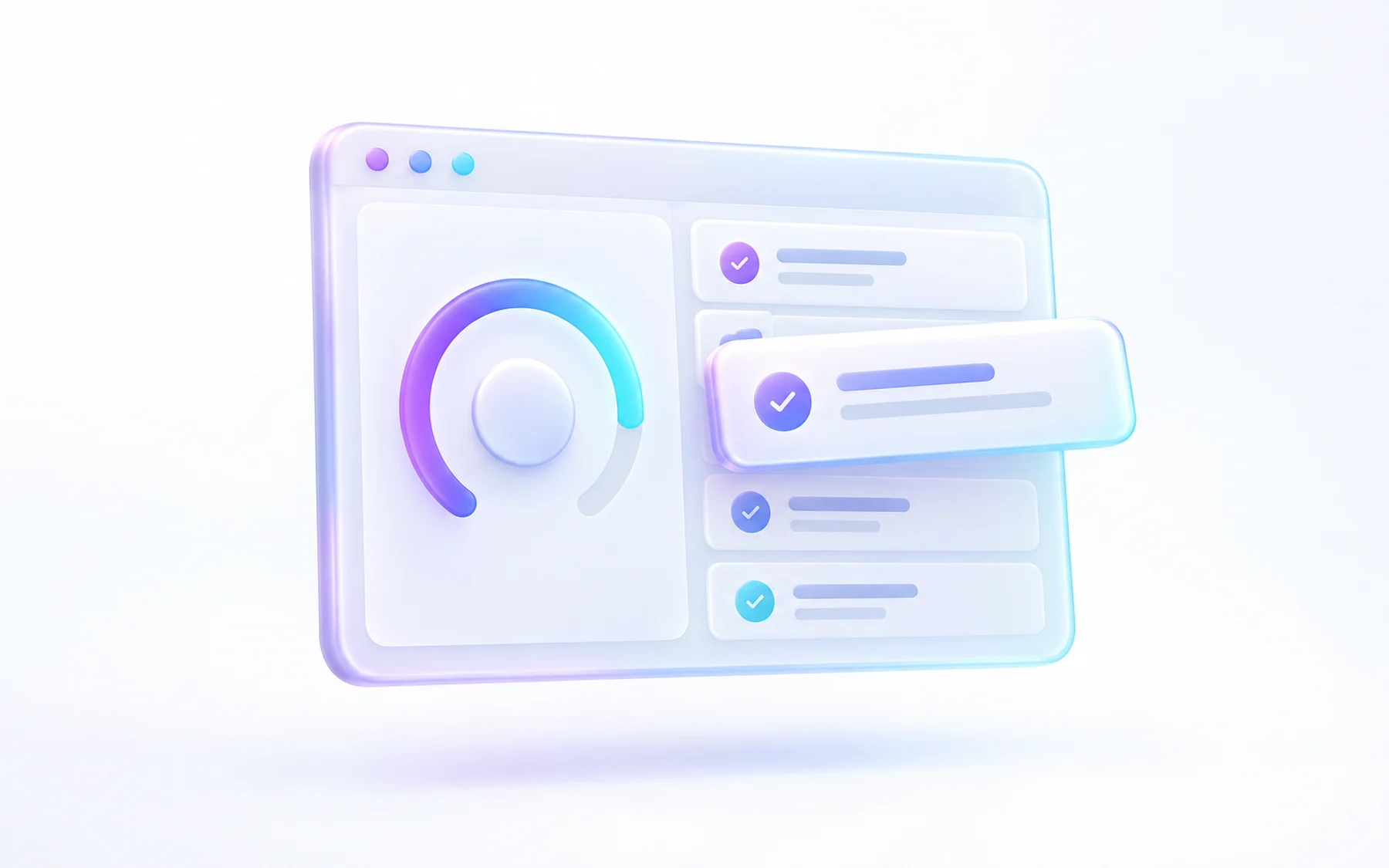 Illustration: A glossy browser window card split into a score dial on one side and a stacked list of small question-row cards on the other, with one row card popped forward and slightly enlarged.