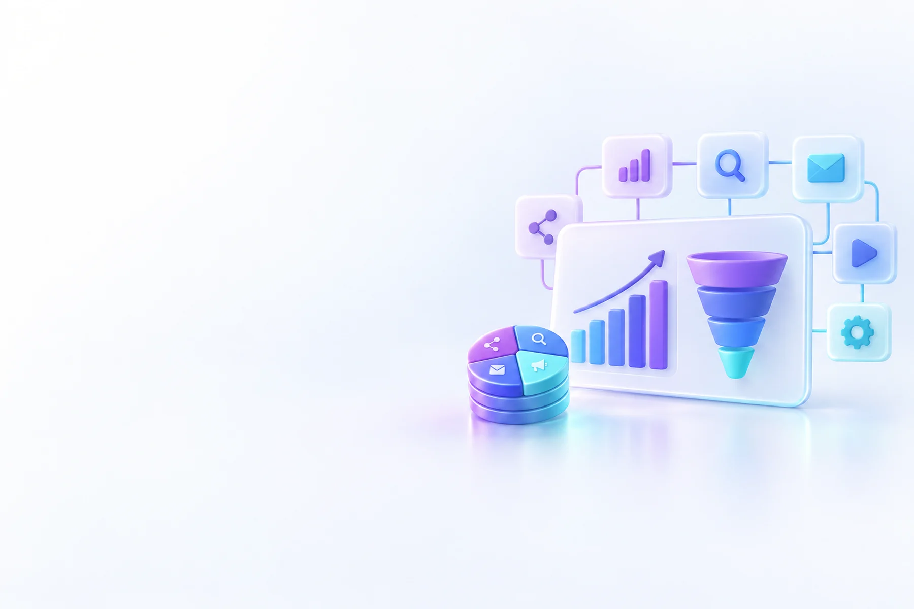 Illustration: A large central chart card with a rising bar graph beside a stacked funnel shape, a small coin stack marked with channel wedges, and a grid of small connected tiles behind them.