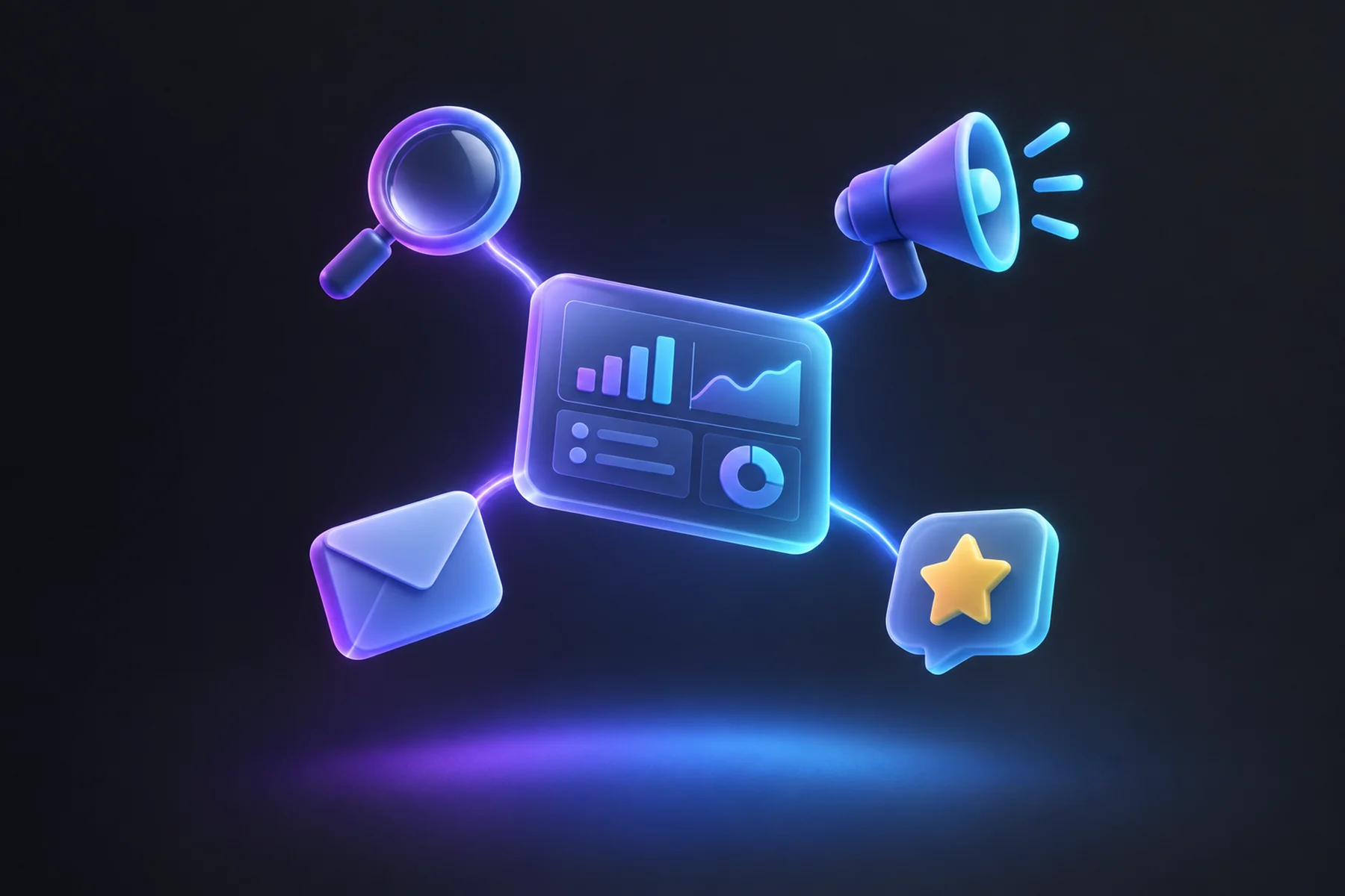 Illustration: A floating control dashboard card orbited by a magnifying glass, an ad megaphone icon, an envelope, and a star review badge, all connecting into a single glowing screen with converging light threads.
