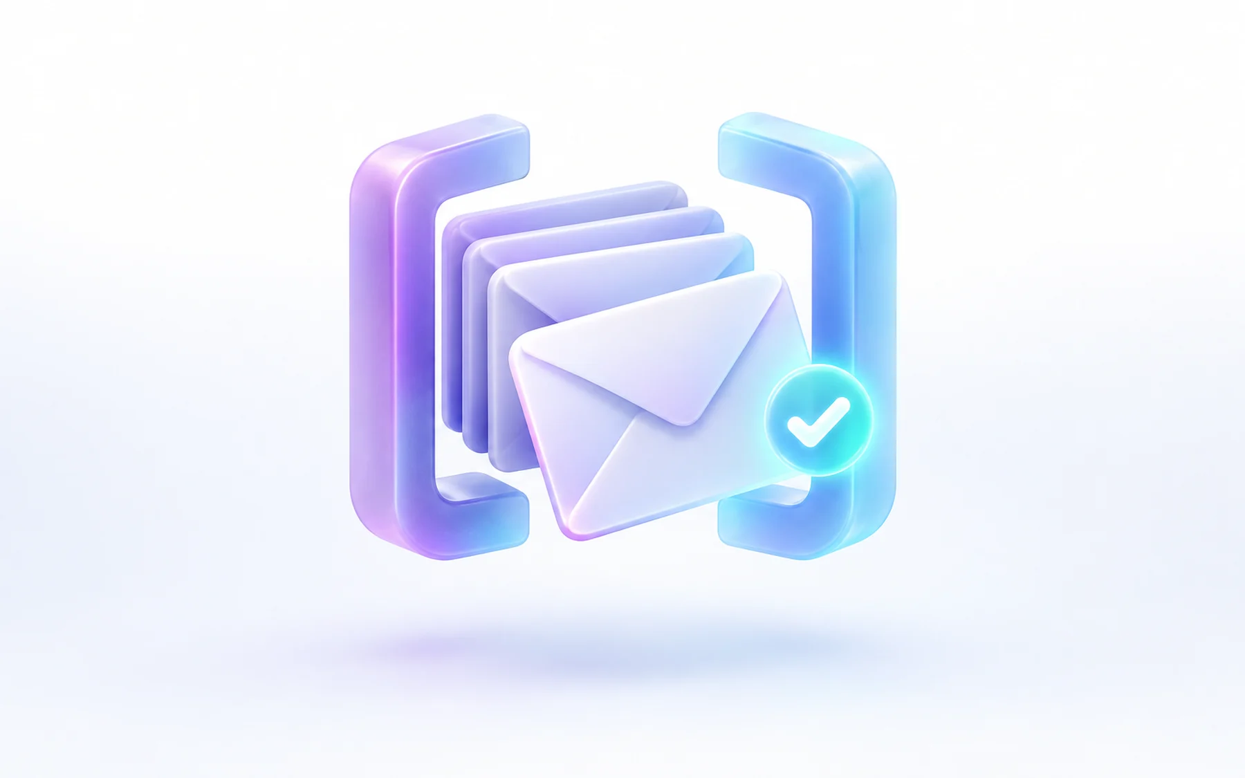 Illustration: A floating envelope stack held inside an open gate-shaped bracket, with one envelope tilted forward as if released and a small checkmark badge glowing beside it.