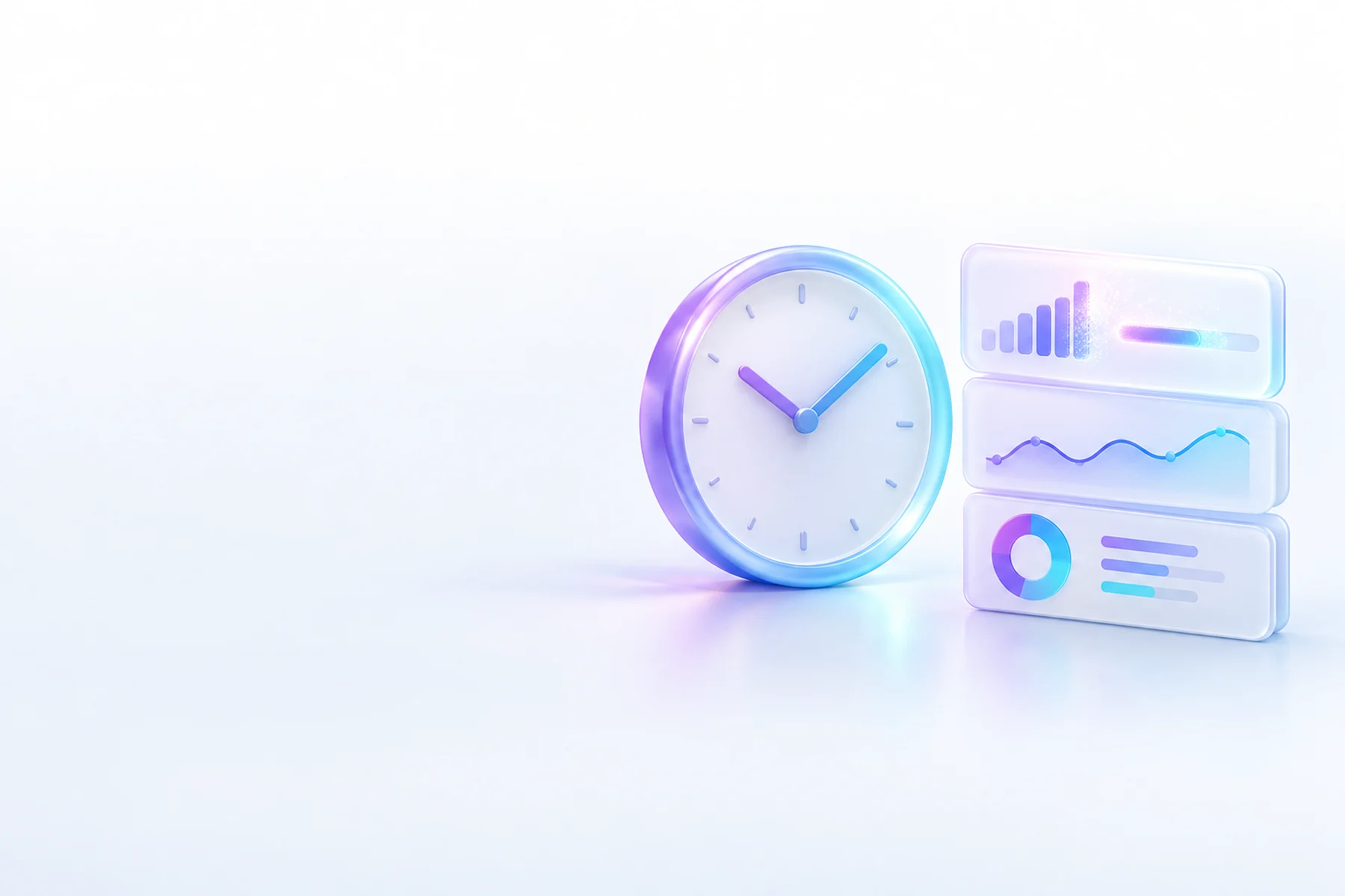 Illustration: A large glossy clock beside a stack of three rounded chart cards, the top card still filling in with a soft shimmer as if its data is arriving late.