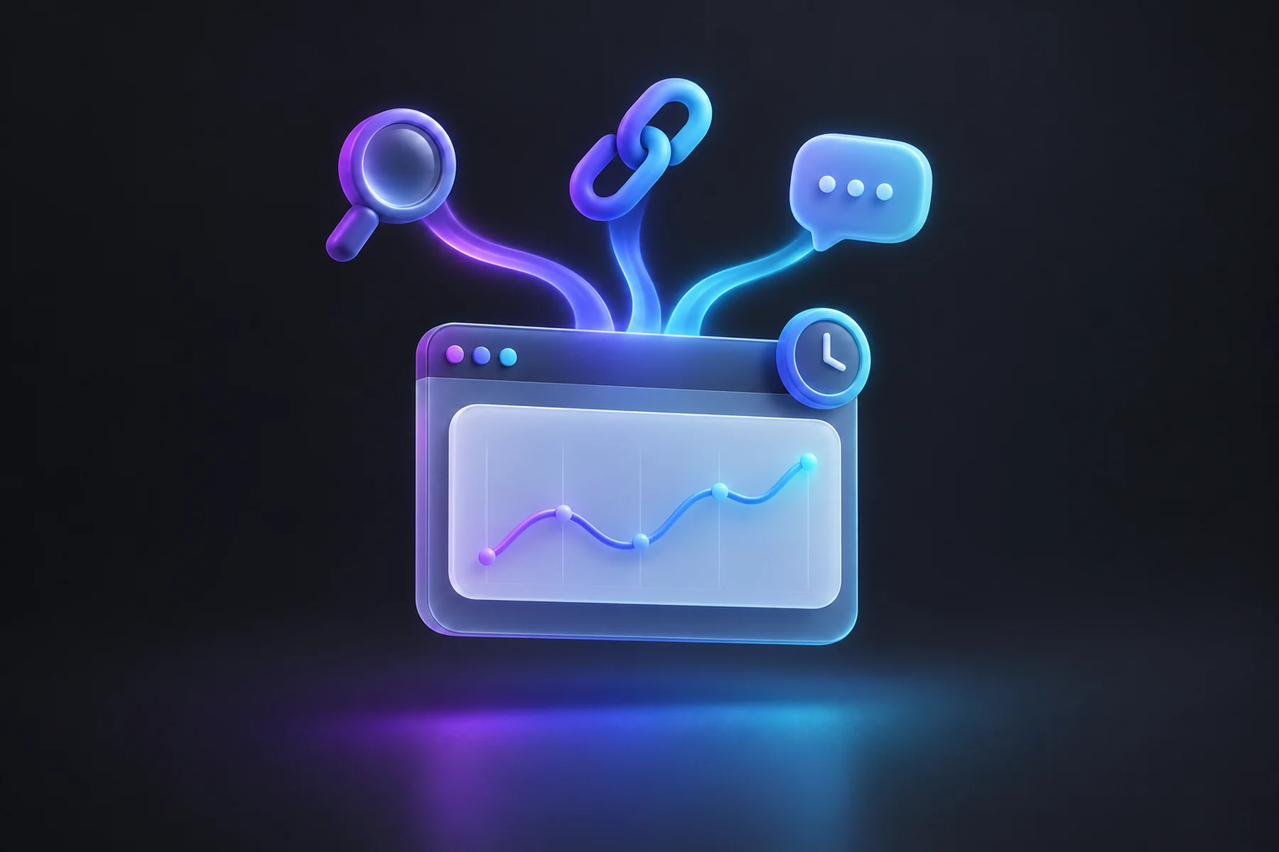 Illustration: A floating browser window holding a rounded line-chart card, three small glowing streams flowing into it from a magnifying glass, a link chain and a speech bubble, and a small clock badge on the window corner.
