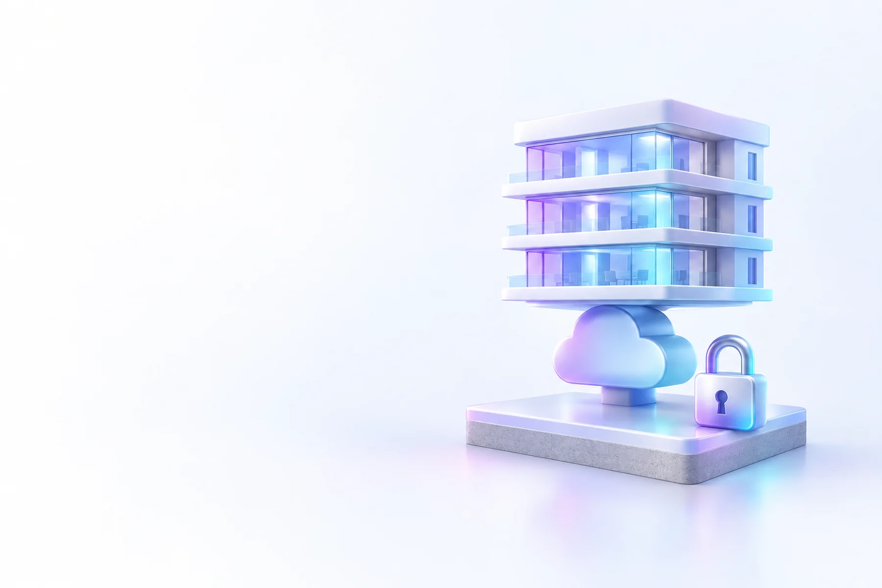 Illustration: A glossy architectural model with a foundation slab, a stacked set of building floors, a small cloud-shaped support form beneath it, and a padlock resting at the base.