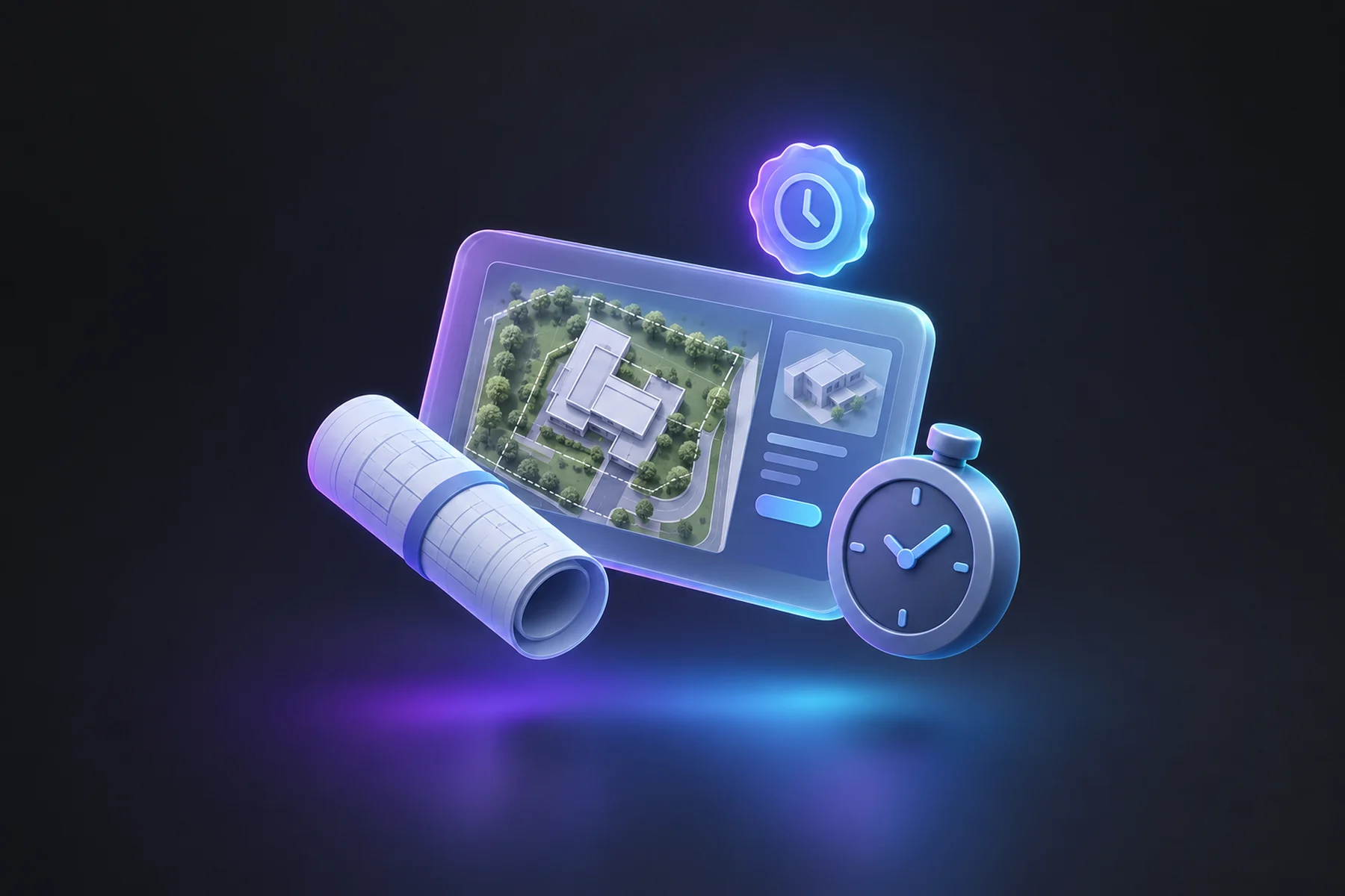 Illustration: A floating glossy chart card showing an overnight-built site plan, a small rolled blueprint, a stopwatch-like clock badge, and a soft glowing timestamp seal hovering above the card.