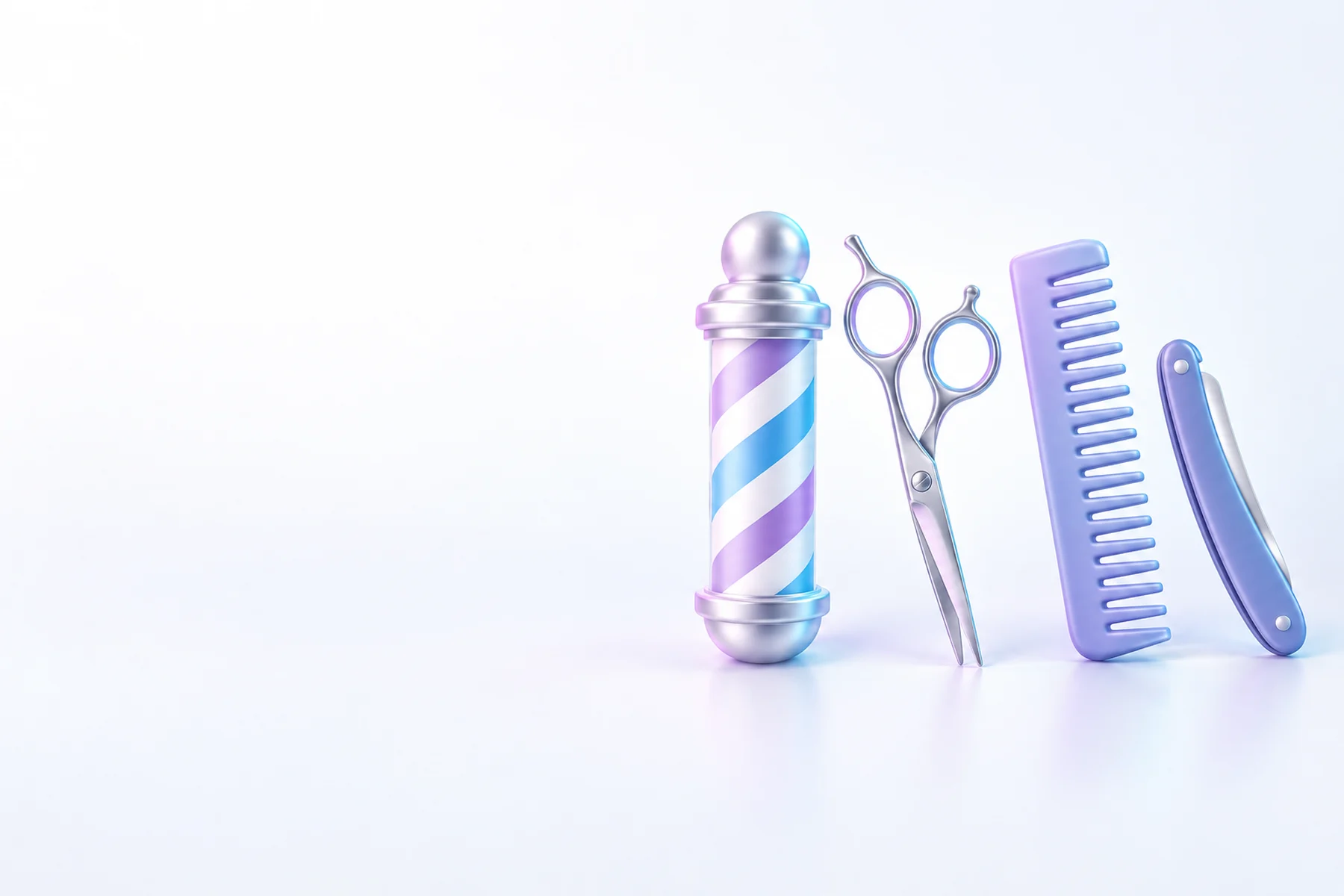 Illustration: a barber pole with lavender and blue stripes, a pair of scissors, a comb and a folded straight razor.