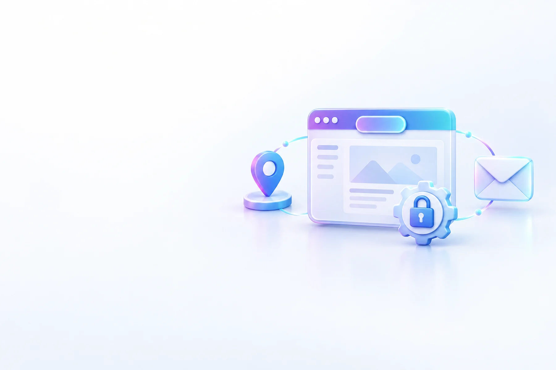 Illustration: A browser window with a branded header badge at center, flanked by a small map pin, a padlocked gear, and an envelope, showing the header changes while everything around it stays connected.