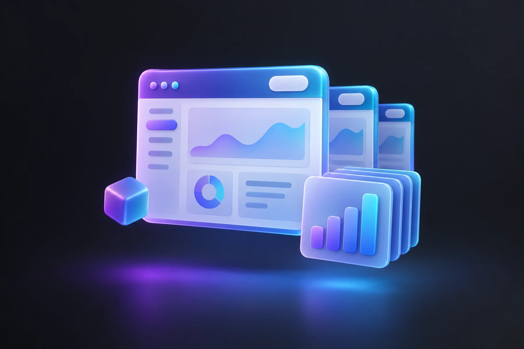 Illustration: A glossy browser window with a blank rounded rectangle badge in its header standing in for a logo, floating beside a stack of identical chart cards, showing the same screen frame repeated behind it at smaller scale.