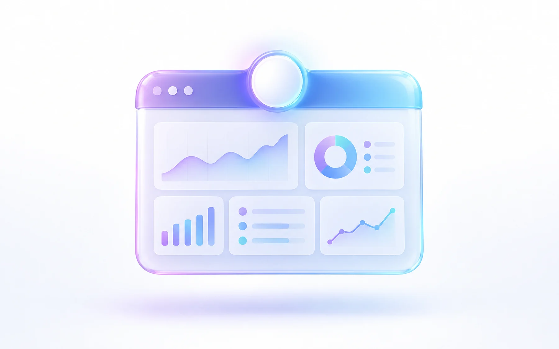 Illustration: A glossy browser window whose header bar carries a large blank round emblem glowing softly, with the window content faintly showing chart cards.