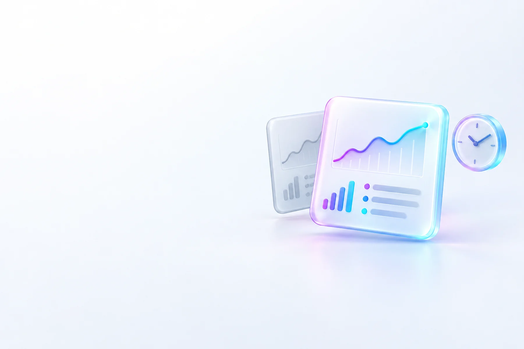 Illustration: A glossy chart card with a bright refreshed data readout on its face, half-overlapped by a duller ghost copy of itself, and a small clock hovering beside them both.