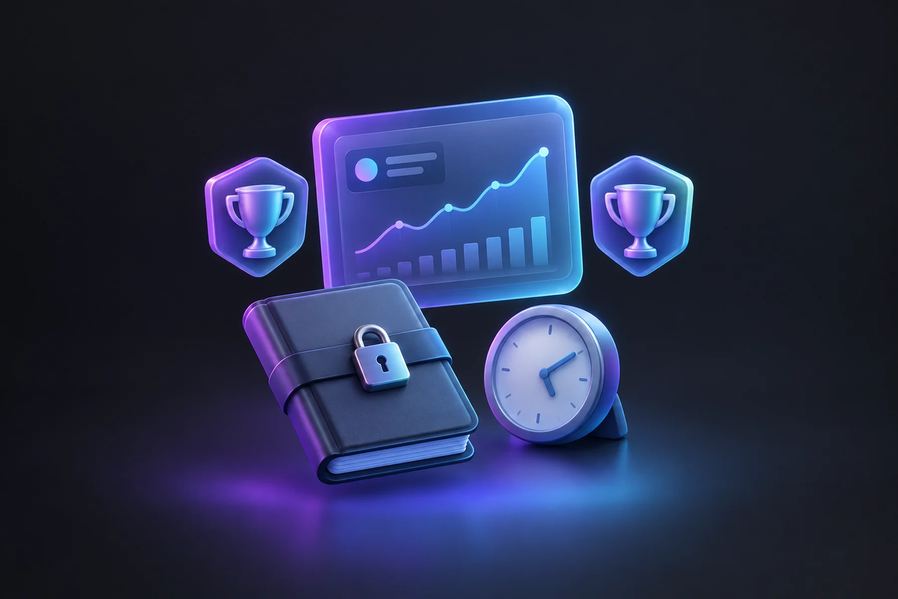 Illustration: A floating glossy screen showing a live chart card, flanked by two identical small trophy-shaped badges, a padlocked ledger booklet, and a small clock reading an early-morning hour beside it.