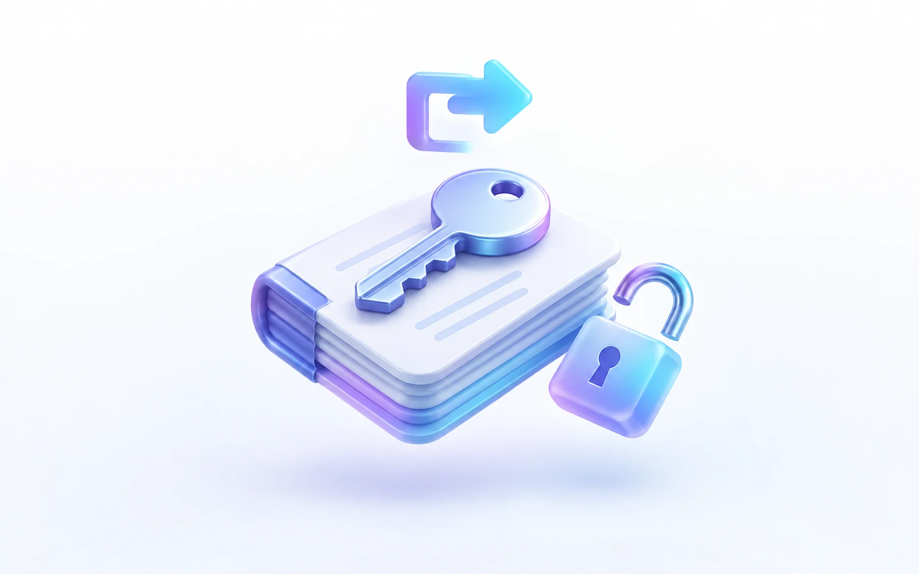 Illustration: A single glossy key sitting atop a stacked ledger booklet, with a small detached padlock lying open beside it and a tiny outgoing arrow icon above.