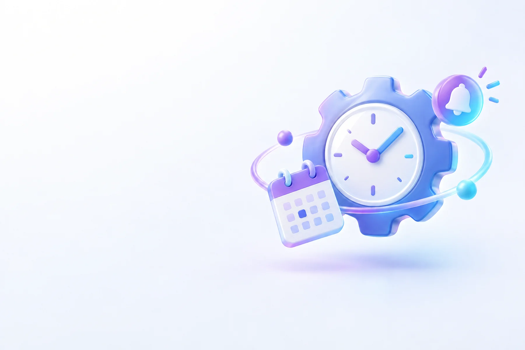 Illustration: A glossy clock face fused to a rounded gear, with a small calendar page and a floating notification badge orbiting it, running on its own with no other objects nearby.