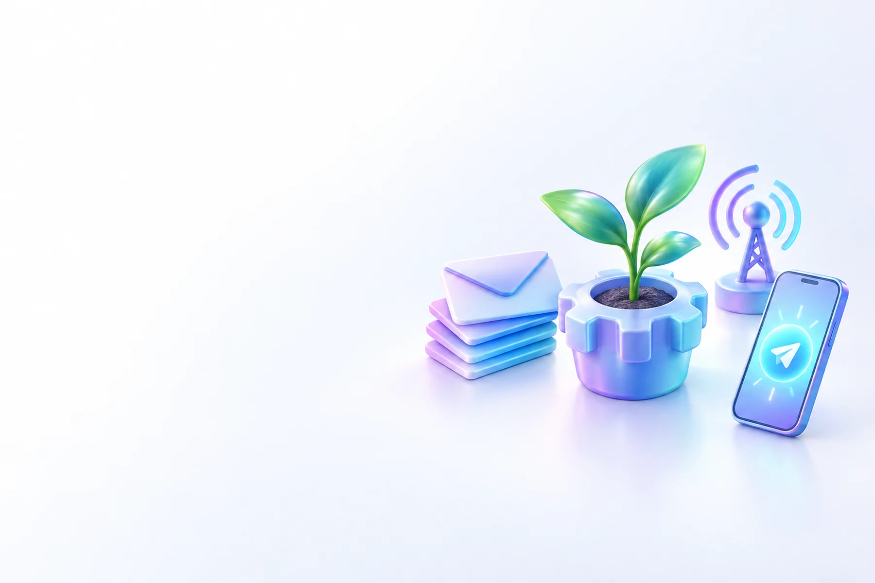 Illustration: A glossy seedling growing from a gear-shaped pot beside a stack of envelope shapes and a small radiating tower icon, with a phone showing a glowing outgoing-message badge nearby.