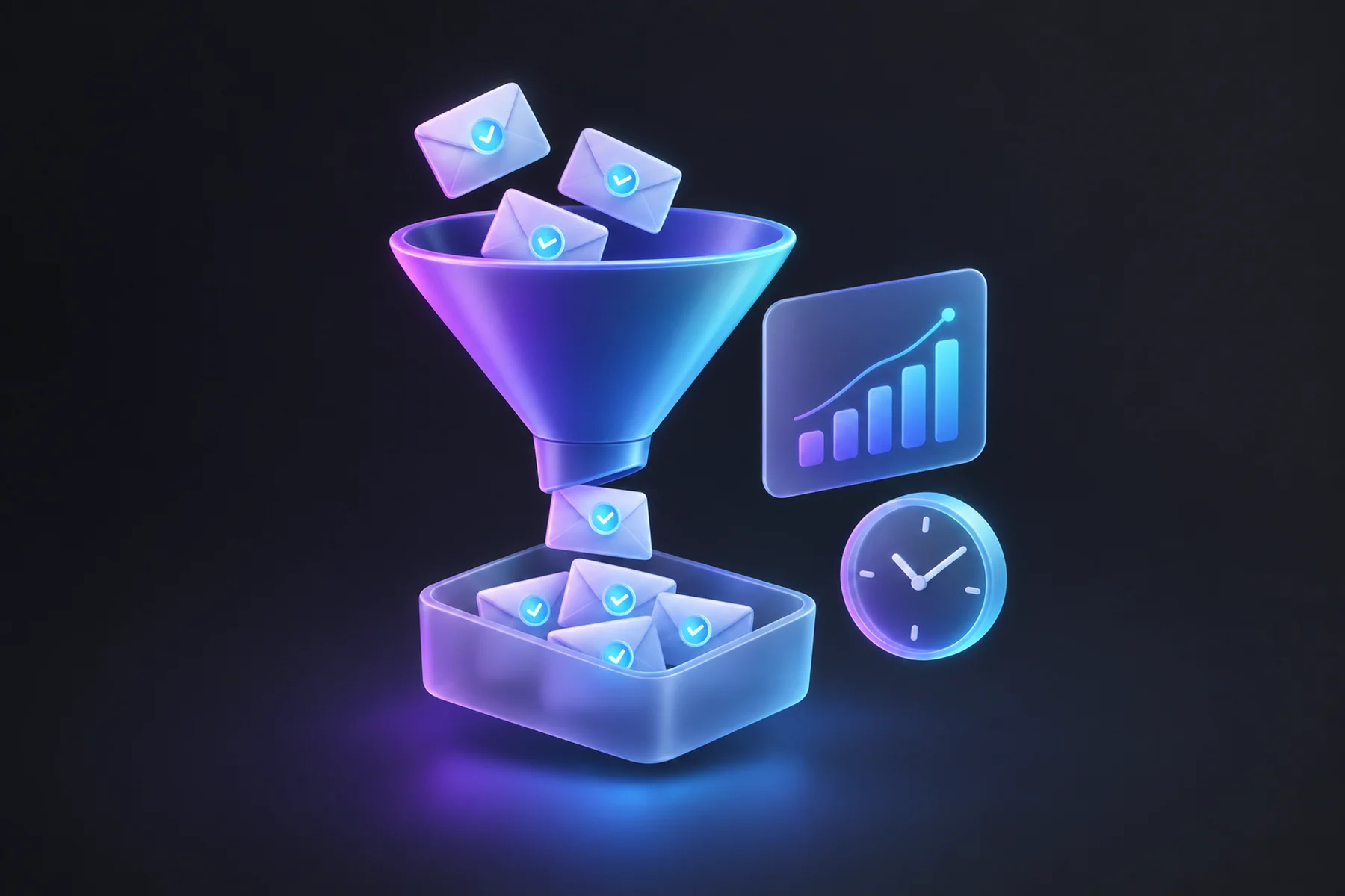 Illustration: A glossy funnel channeling small enquiry envelopes into a single tray, each envelope stamped with a glowing checkmark badge, beside a floating chart card and a small clock marking arrival time.
