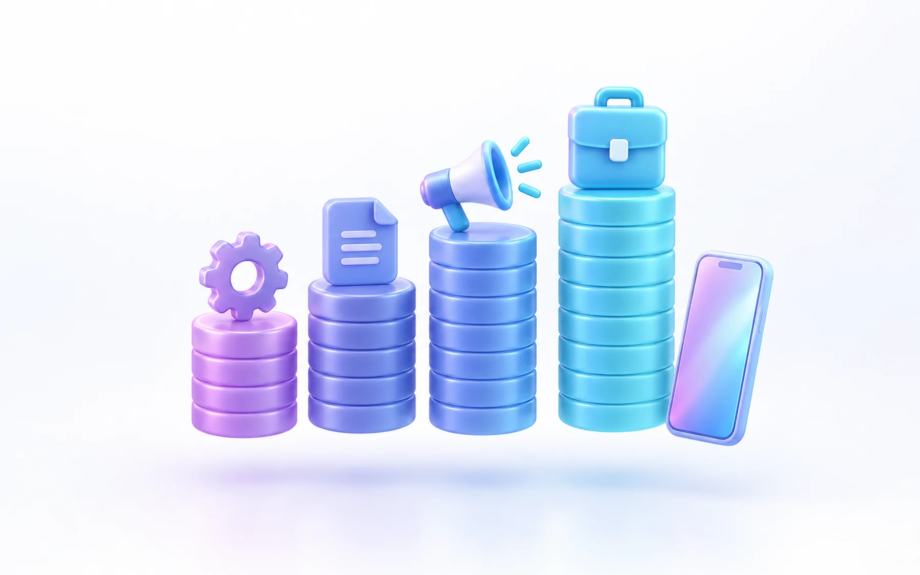 Illustration: Four glossy stacked coin towers of increasing height, each topped with a small distinct icon (a gear, a document, a megaphone, a briefcase), with a small phone beside them.