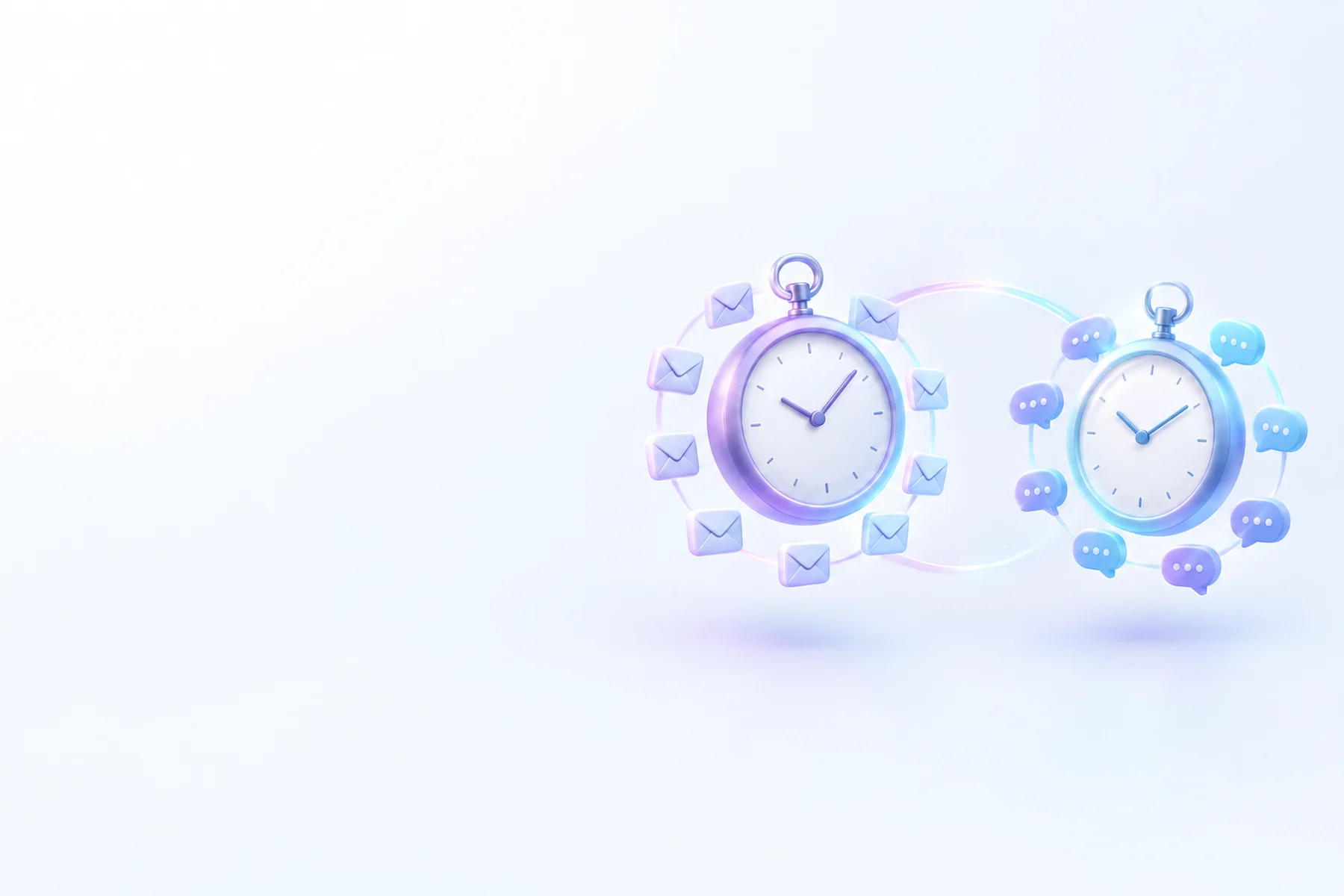 Illustration: Two round pocket-watch-like dials floating side by side, one ringed by small prospect envelope icons, the other ringed by small reply-bubble icons, with a soft connecting arc of light between them.