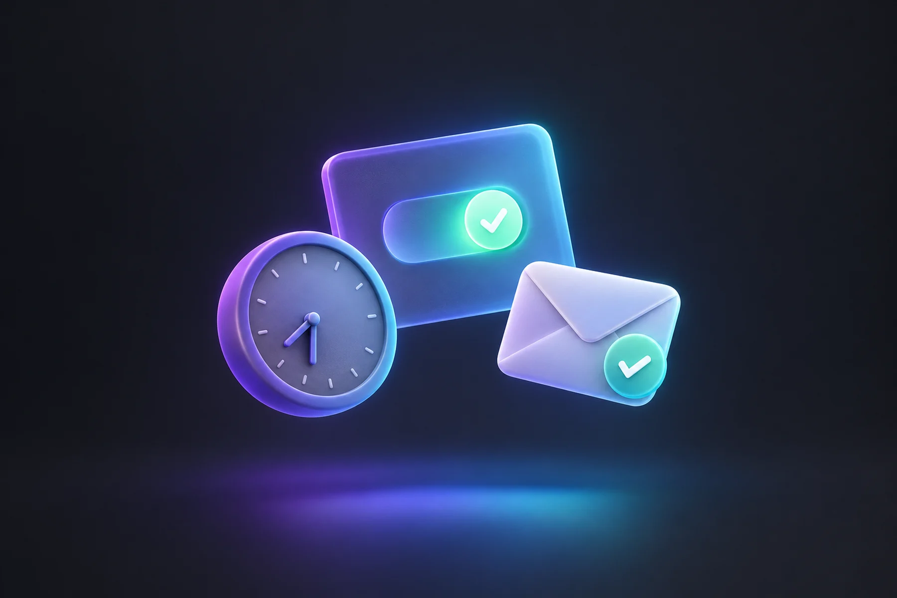 Illustration: A small floating clock with hands nearing evening hours, a glowing screen panel with a soft approval toggle lit, and a calm envelope with a checkmark badge floating beside it.
