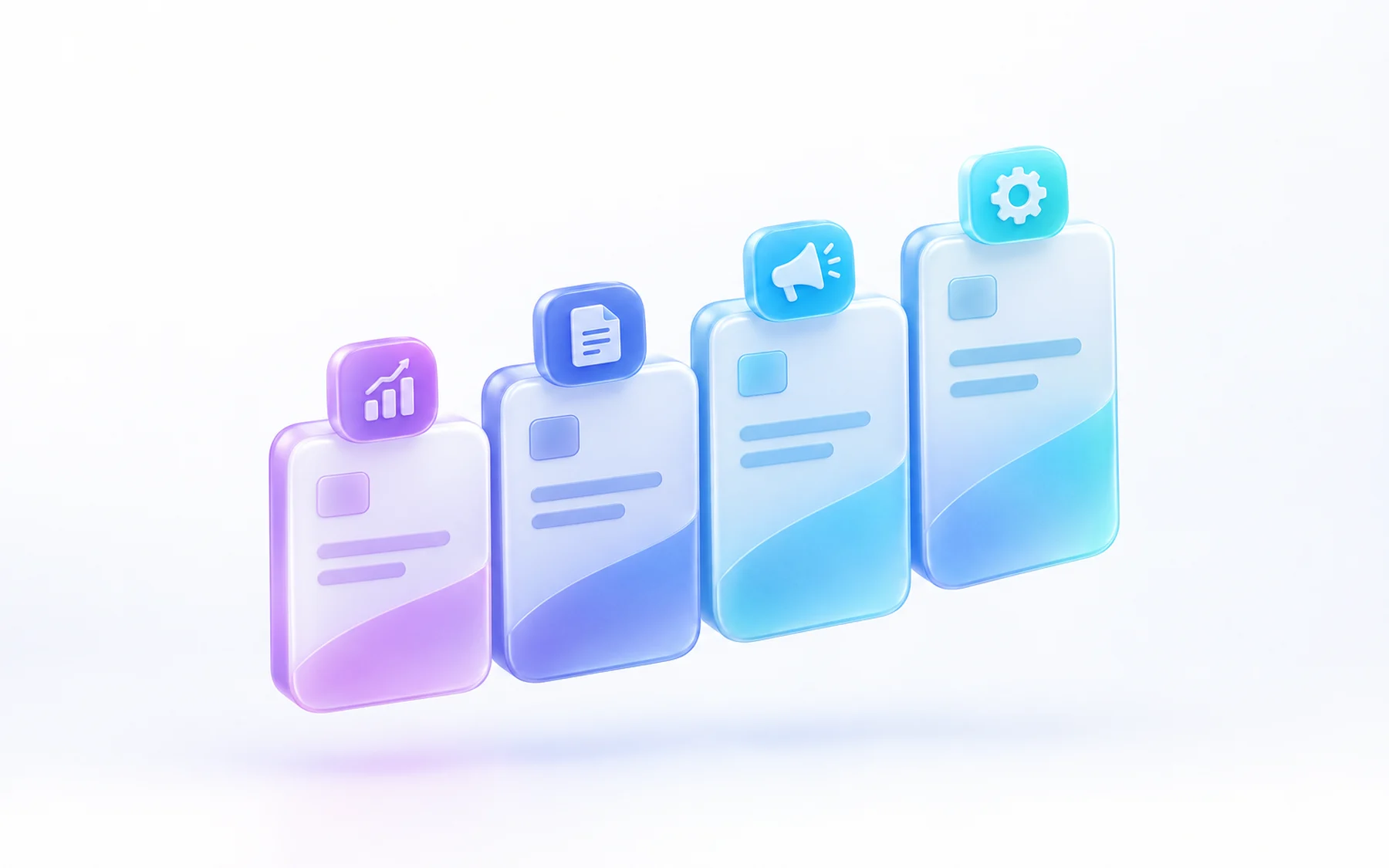 Illustration: A stack of four glossy payment cards of increasing height, each topped with a small distinct badge (a chart, a document, a megaphone, a gear), floating in a gentle ascending row.