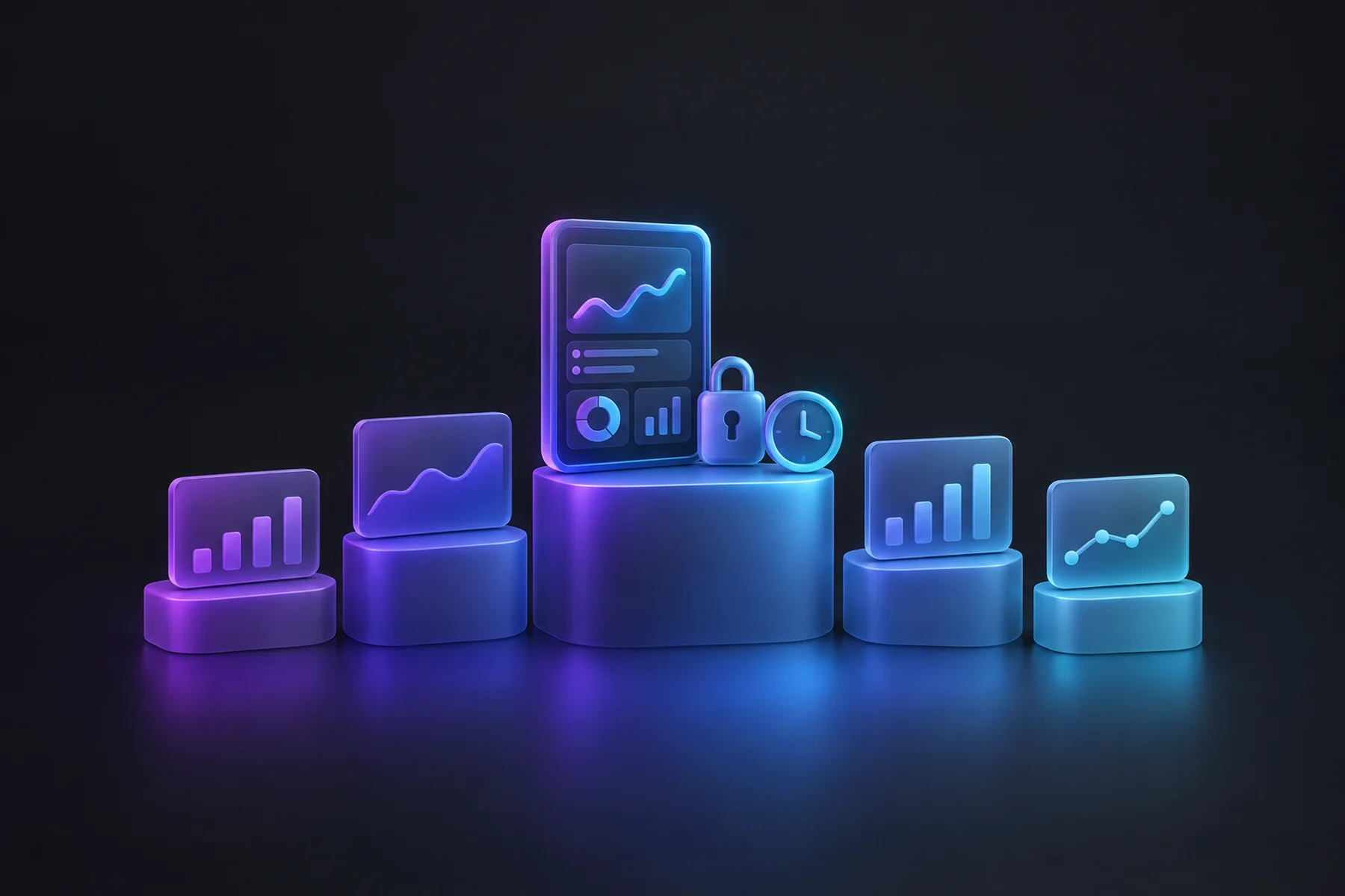 Illustration: Five small floating chart cards of differing heights arranged in a row like a bar chart, one glossy control panel screen standing taller among them with a small padlock and a clock beside it.