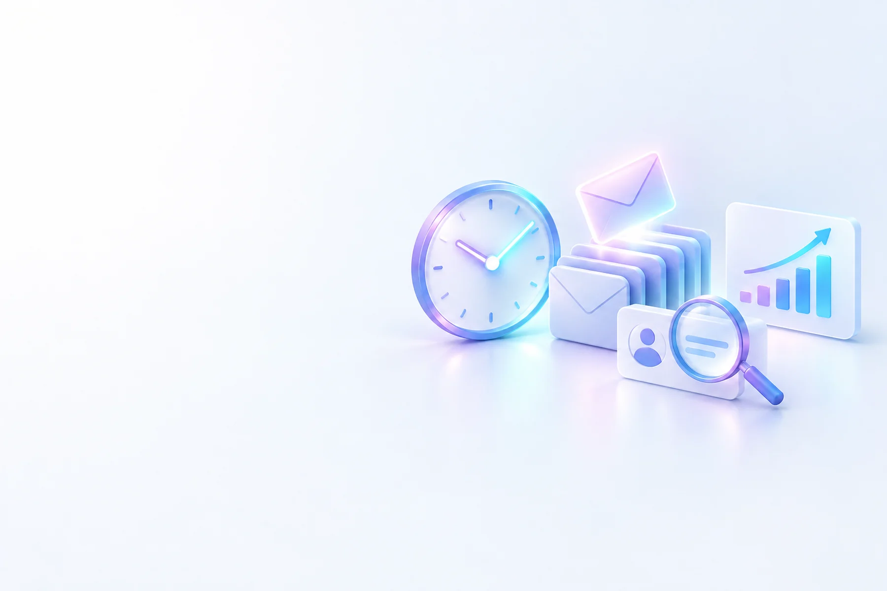 Illustration: A clock with glowing hands, a stacked envelope queue with one envelope lifted and glowing, a magnifying glass over a small contact card, and a chart card ticking upward beside them.