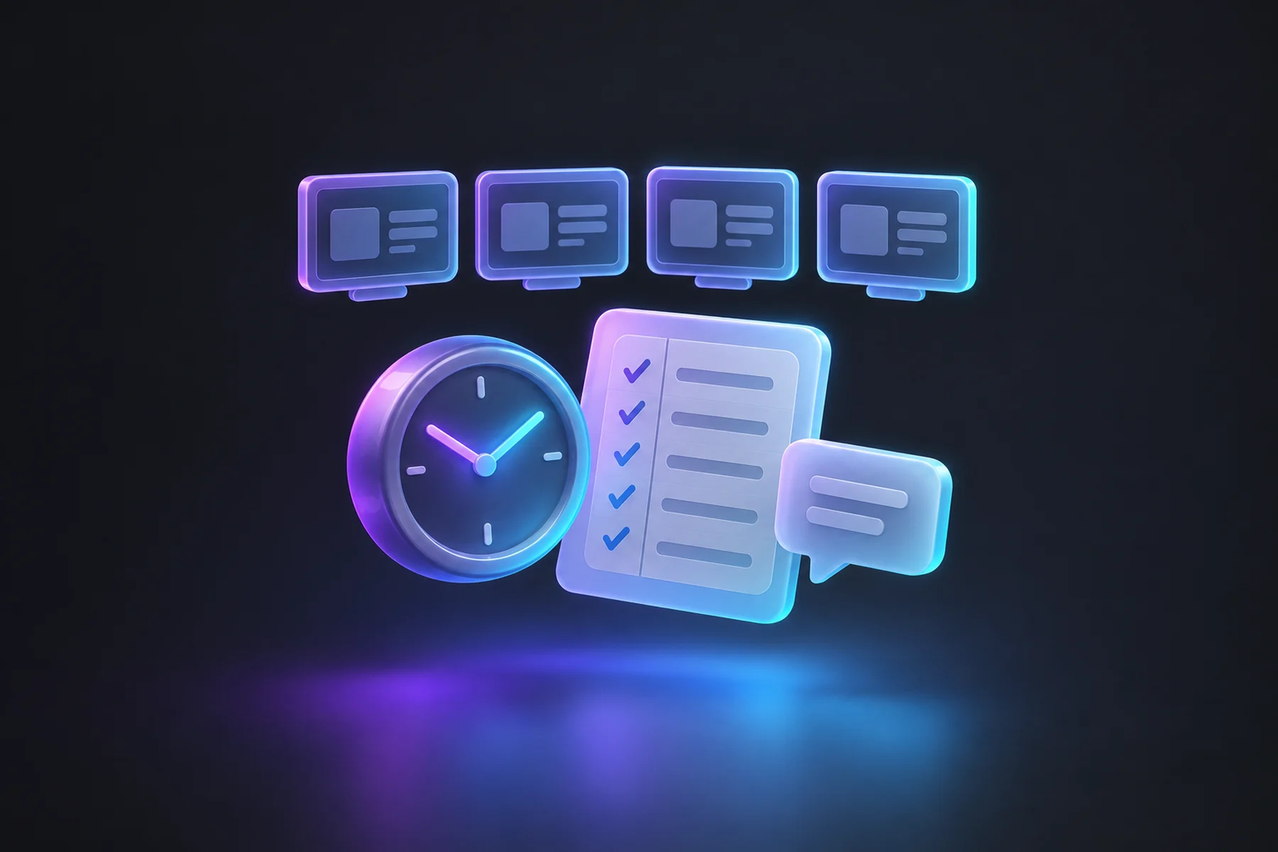 Illustration: A small floating clock with glowing 7:05 hands beside a ledger card tallying tick marks, a small speech-bubble card, and four identical mini screen panels in a row above them.