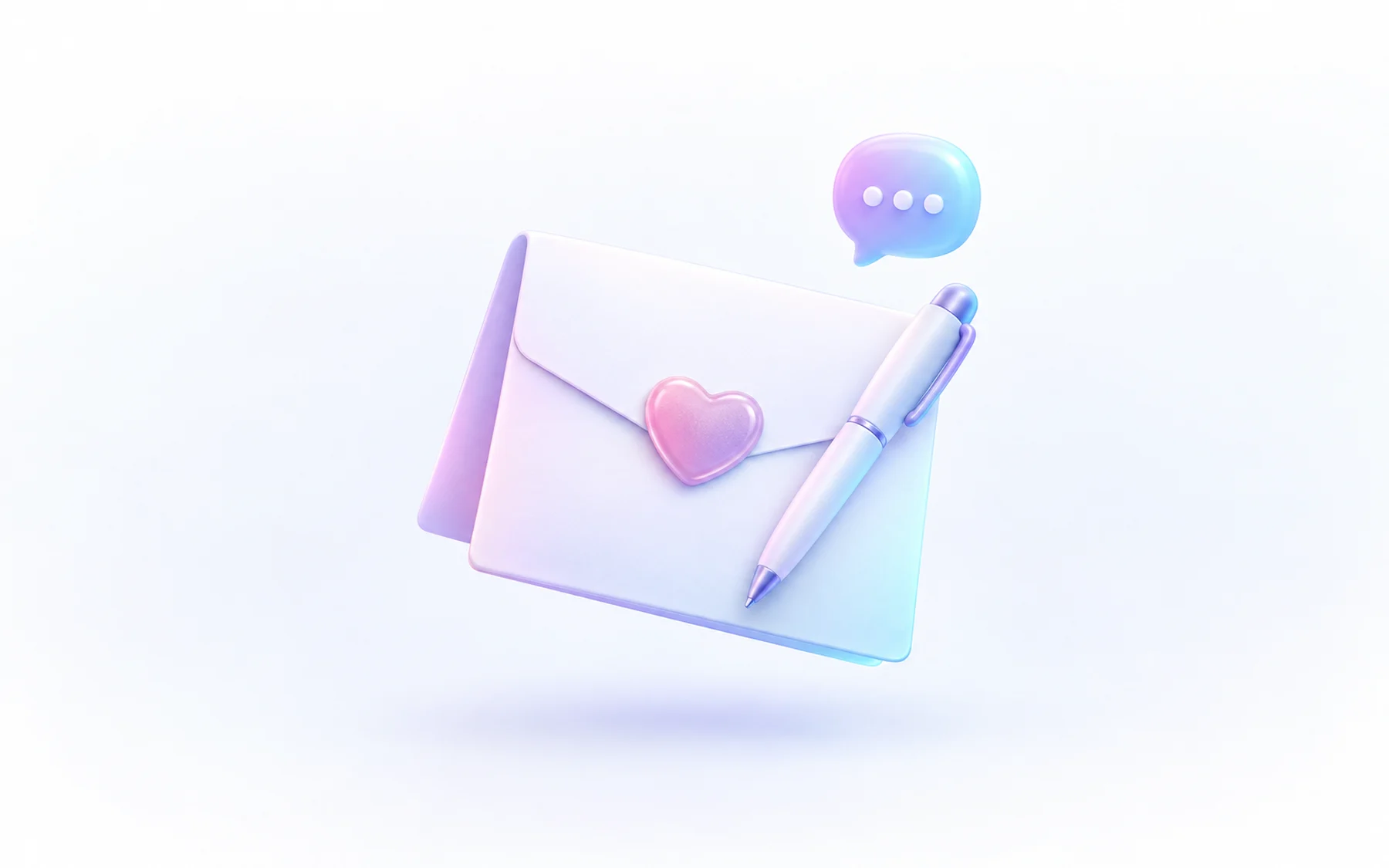 Illustration: A glossy folded note card with a small pen resting on it and a soft heart-shaped seal, beside a tiny speech bubble.