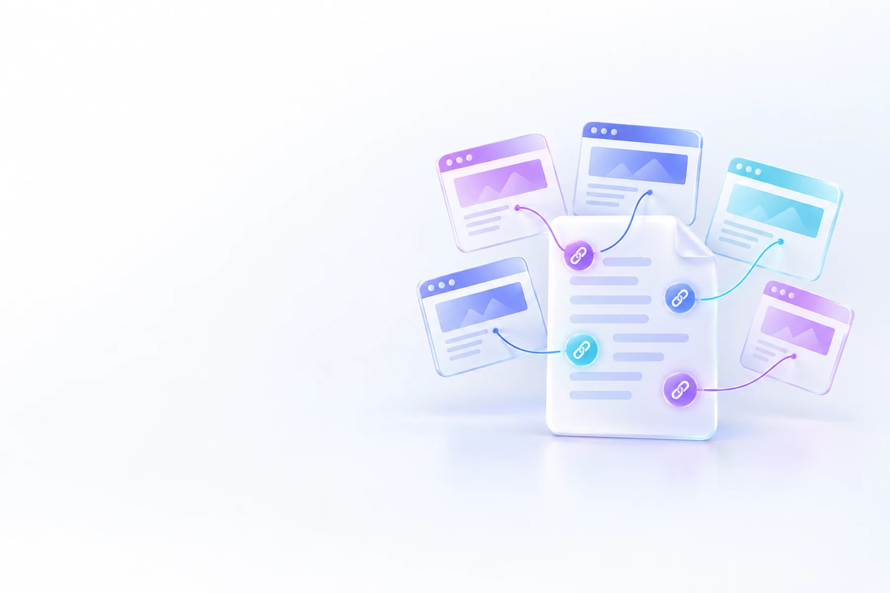 Illustration: A glossy document sheet with several small glowing link-chain icons anchored to it, connected by thin curved lines to a cluster of small browser-window cards fanned behind it.