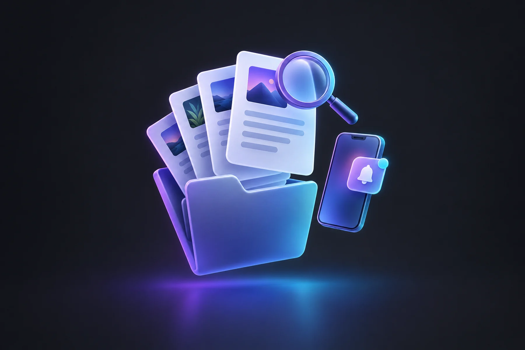 Illustration: A small stack of glossy document sheets fanned above an open folder, each topped with a tiny photo thumbnail, with a magnifying glass hovering over the top sheet and a phone showing a notification badge beside the stack.