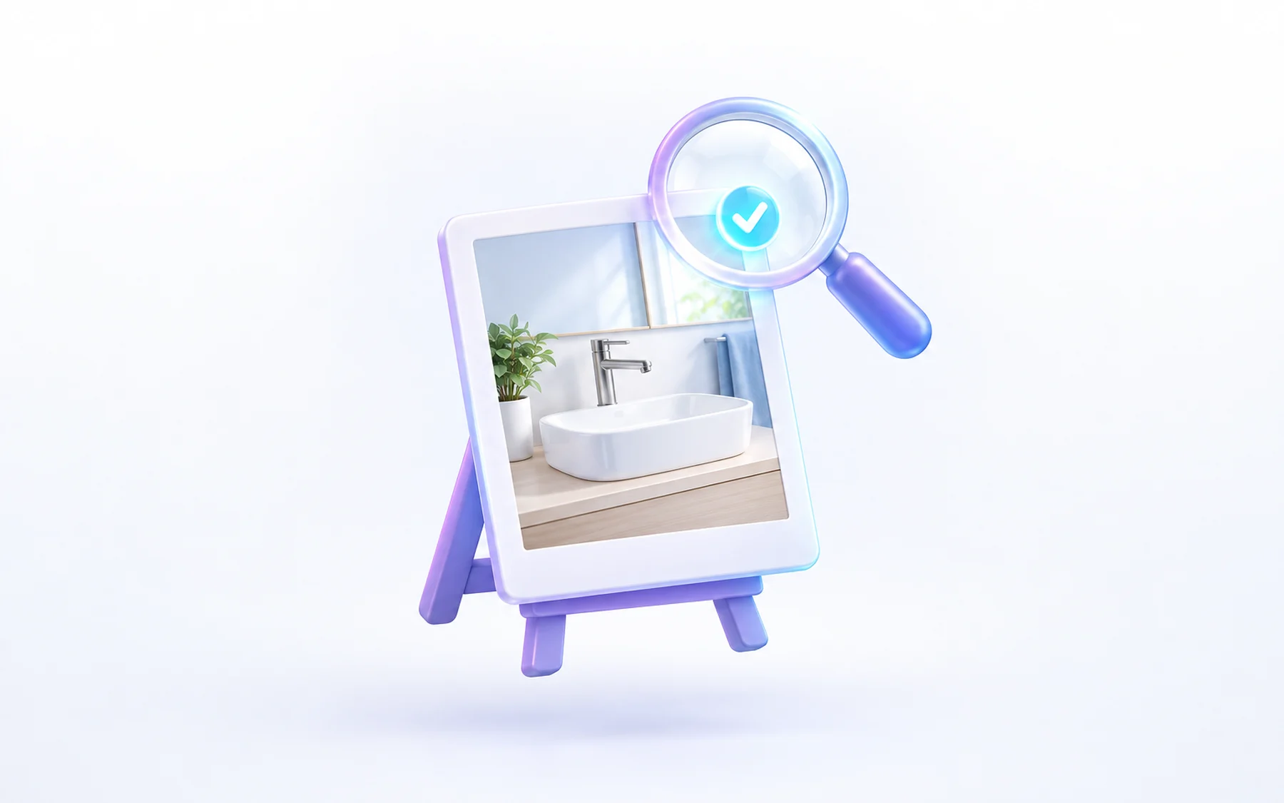 Illustration: A single glossy framed photograph card of a household fixture propped on a small easel, with a magnifying glass hovering over its corner and a tiny checkmark badge glowing at its edge.