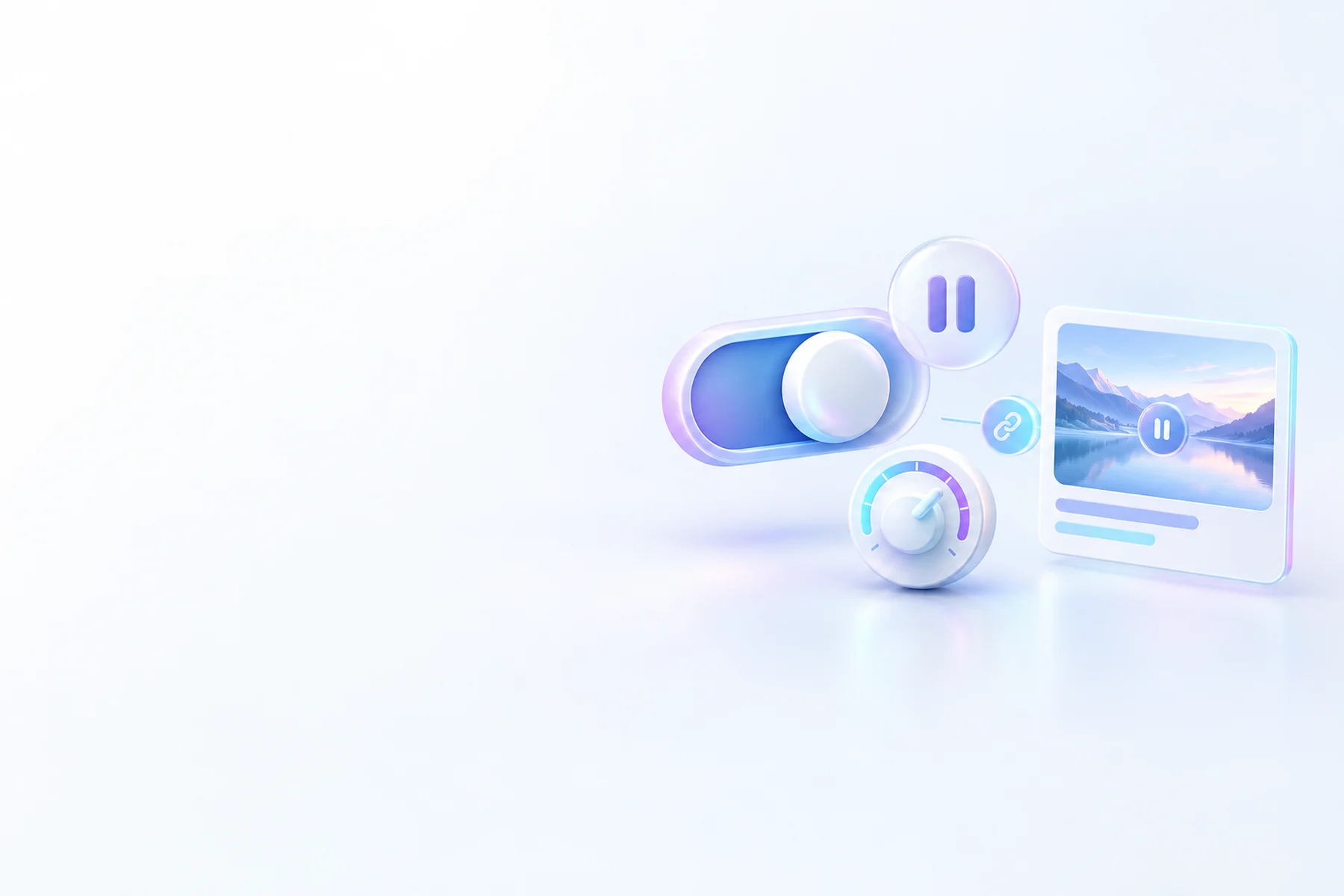 Illustration: A glossy toggle switch mid-flip beside a paused badge, a small budget dial, and a linked thumbnail card reflecting the same image.