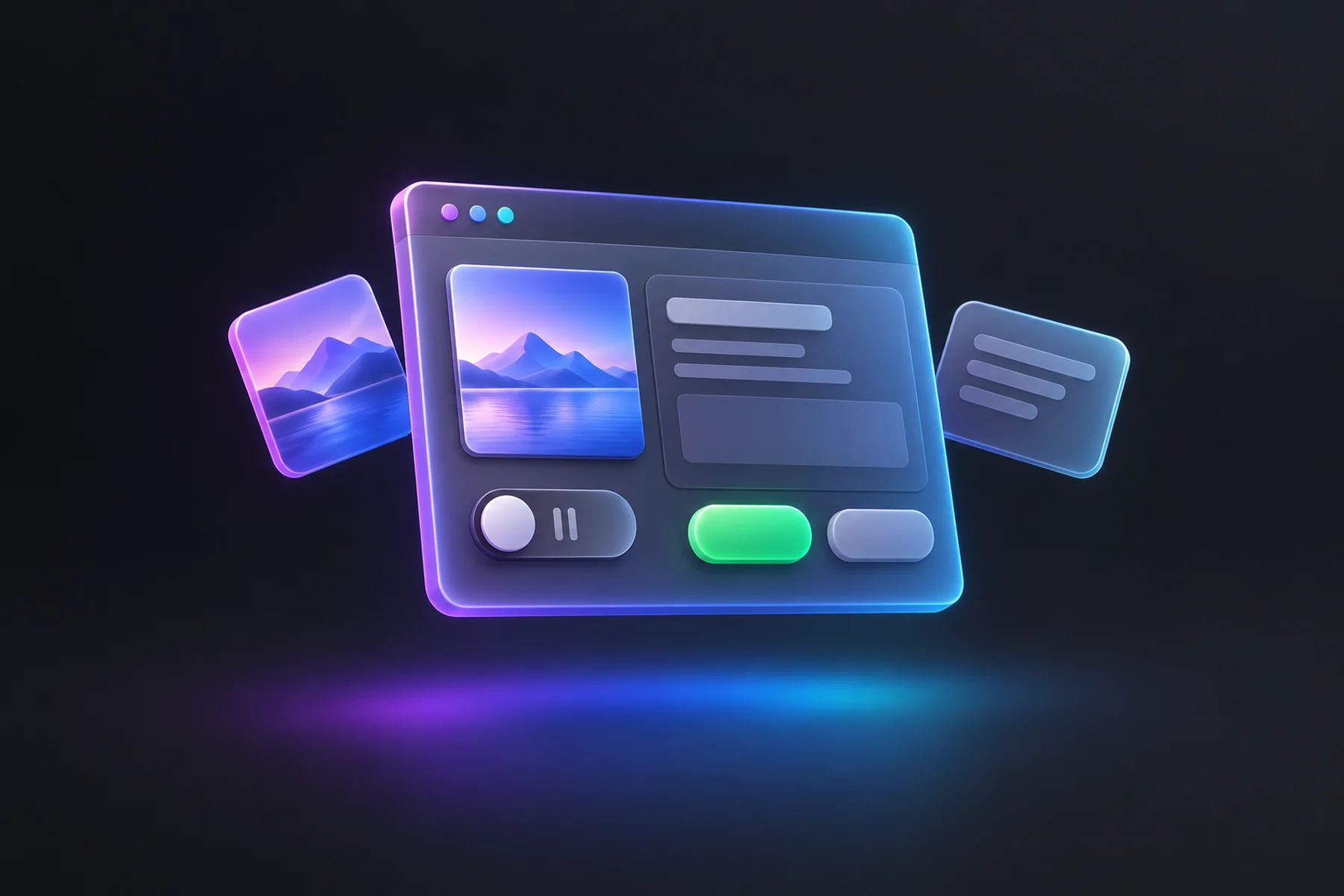Illustration: A floating browser window showing a glossy ad card with an image thumbnail, a copy panel, a paused toggle switch, and two rounded buttons glowing green and gray beside it.