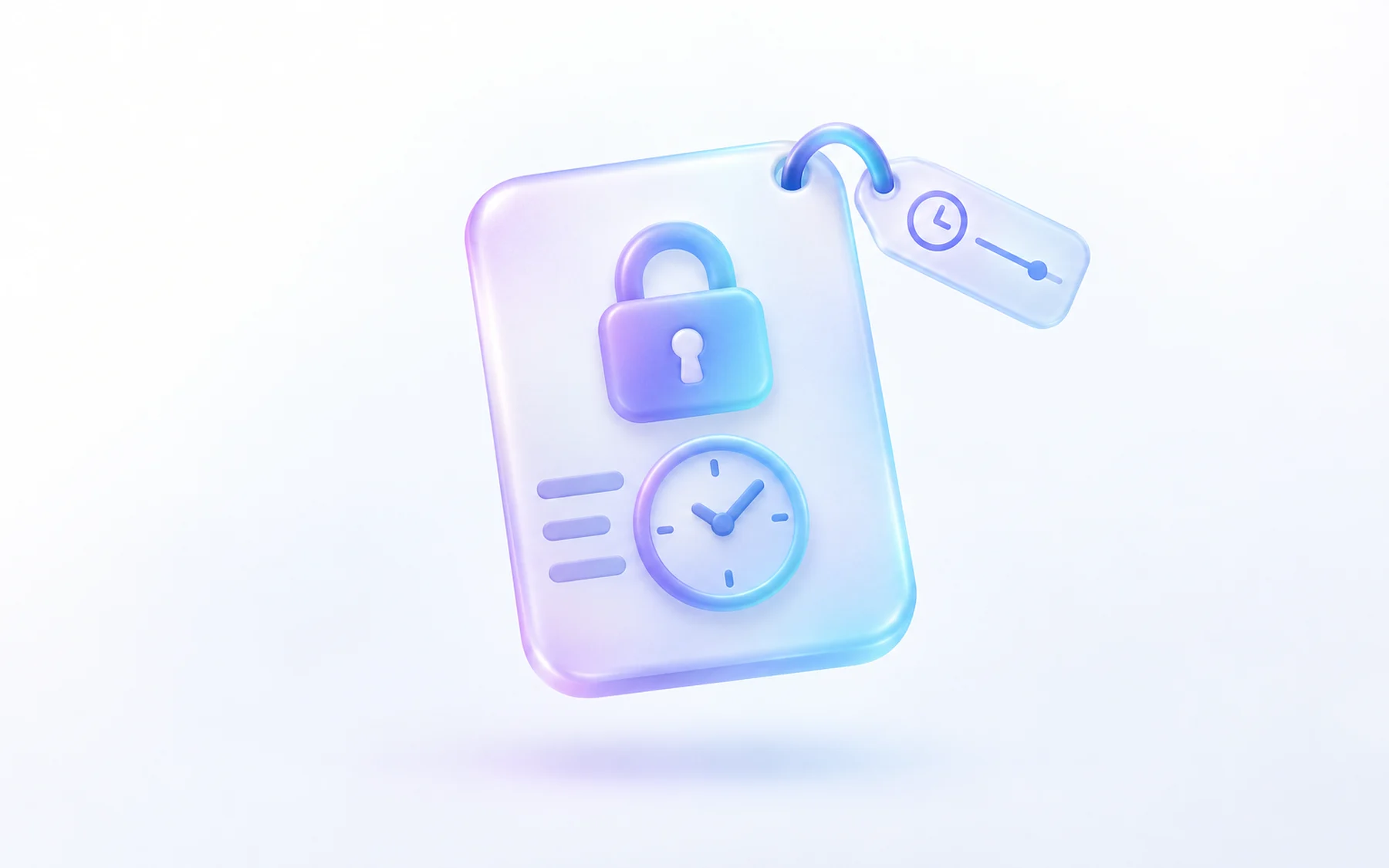 Illustration: A rounded ledger card stamped with a small padlock and a clock face, with a subtle timestamped tag attached to its corner.