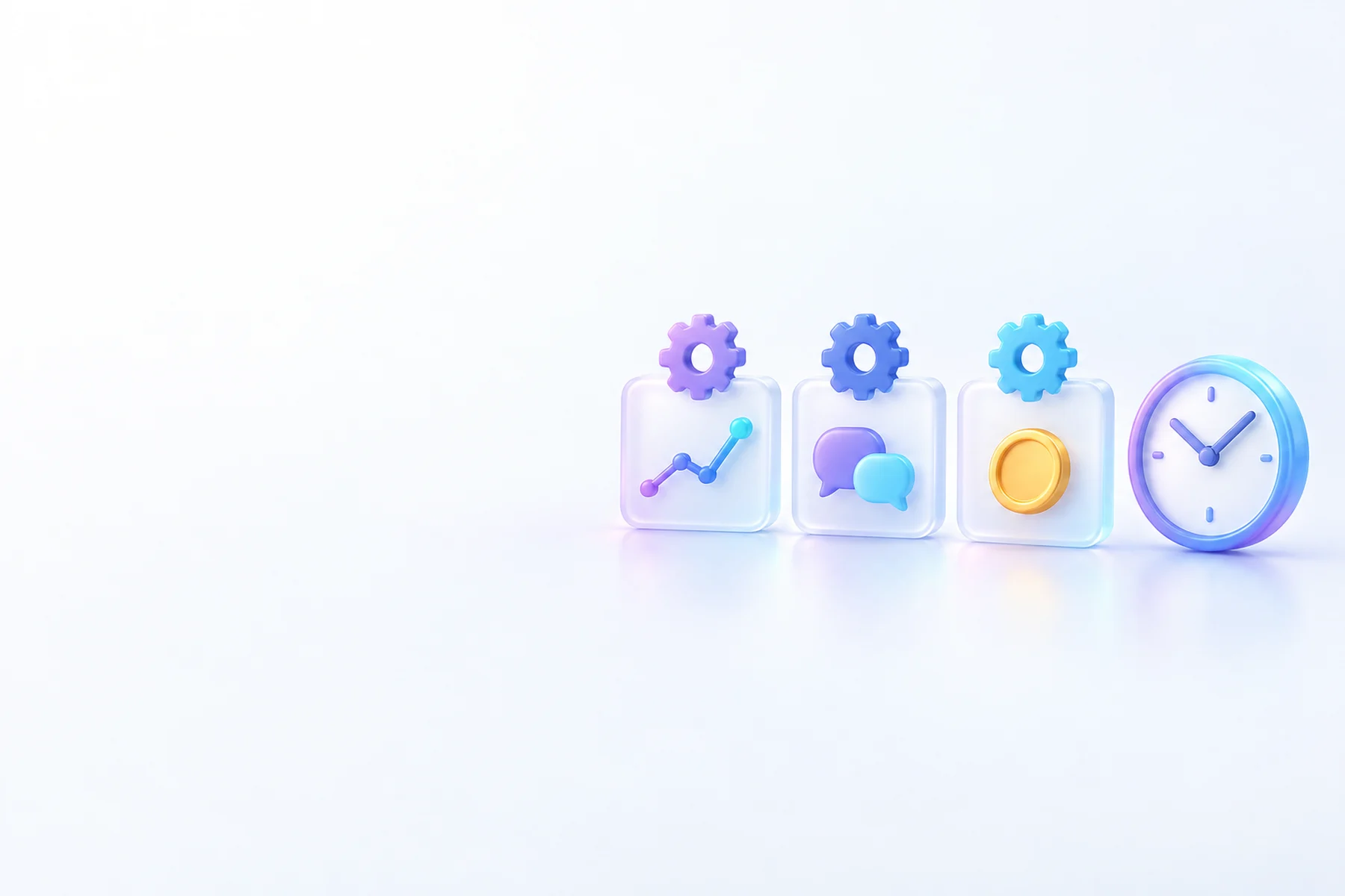 Illustration: A row of three small tile-like cards each topped with a tiny running gear, one bearing a chart line, one a small speech-bubble stack, one a coin, beside a small clock face.