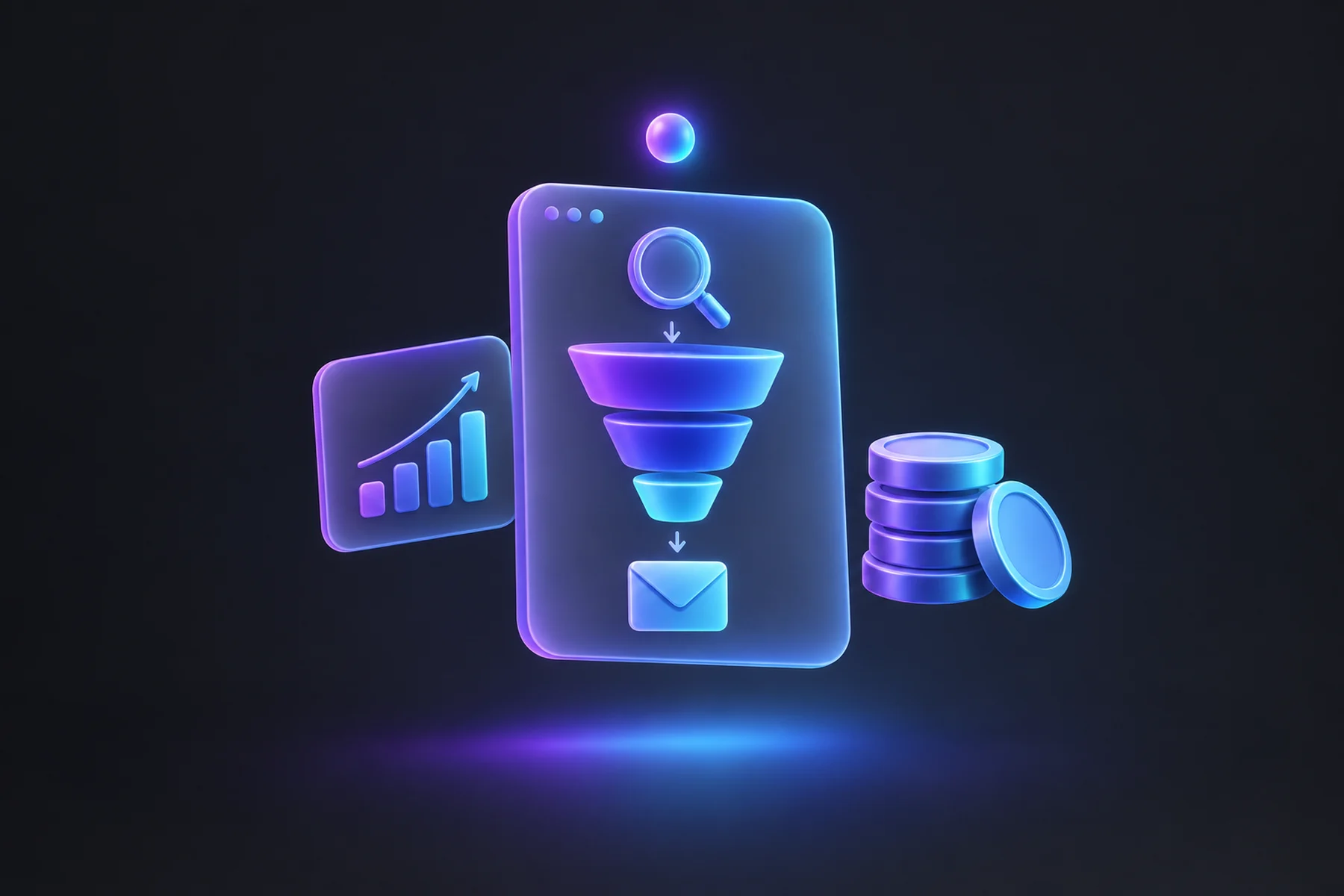 Illustration: A floating dashboard card showing a funnel shape from a magnifying glass down to a small envelope, flanked by a smaller chart card and a coin stack, with a glowing notification dot above.
