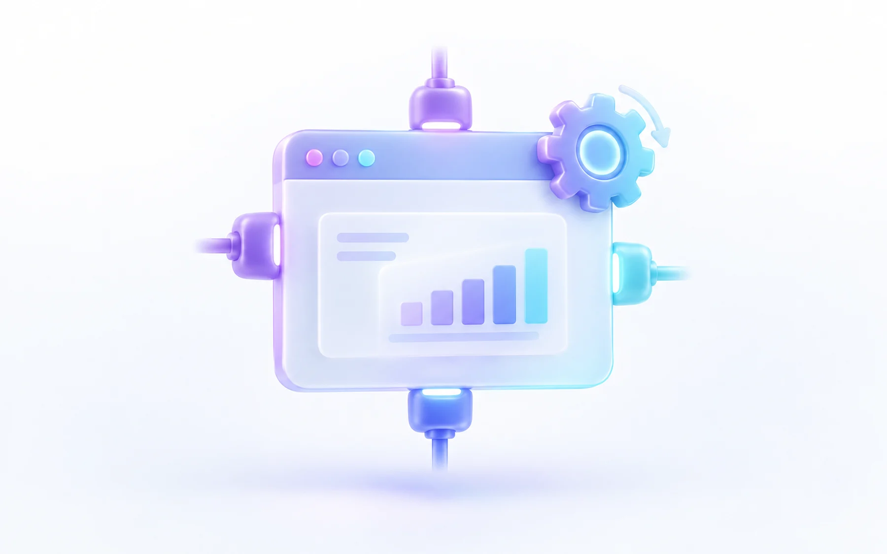 Illustration: A single browser window with four small glowing plug icons docking into its edges, one gear turning at its corner, and a faint chart card beginning to fill with bars inside it.