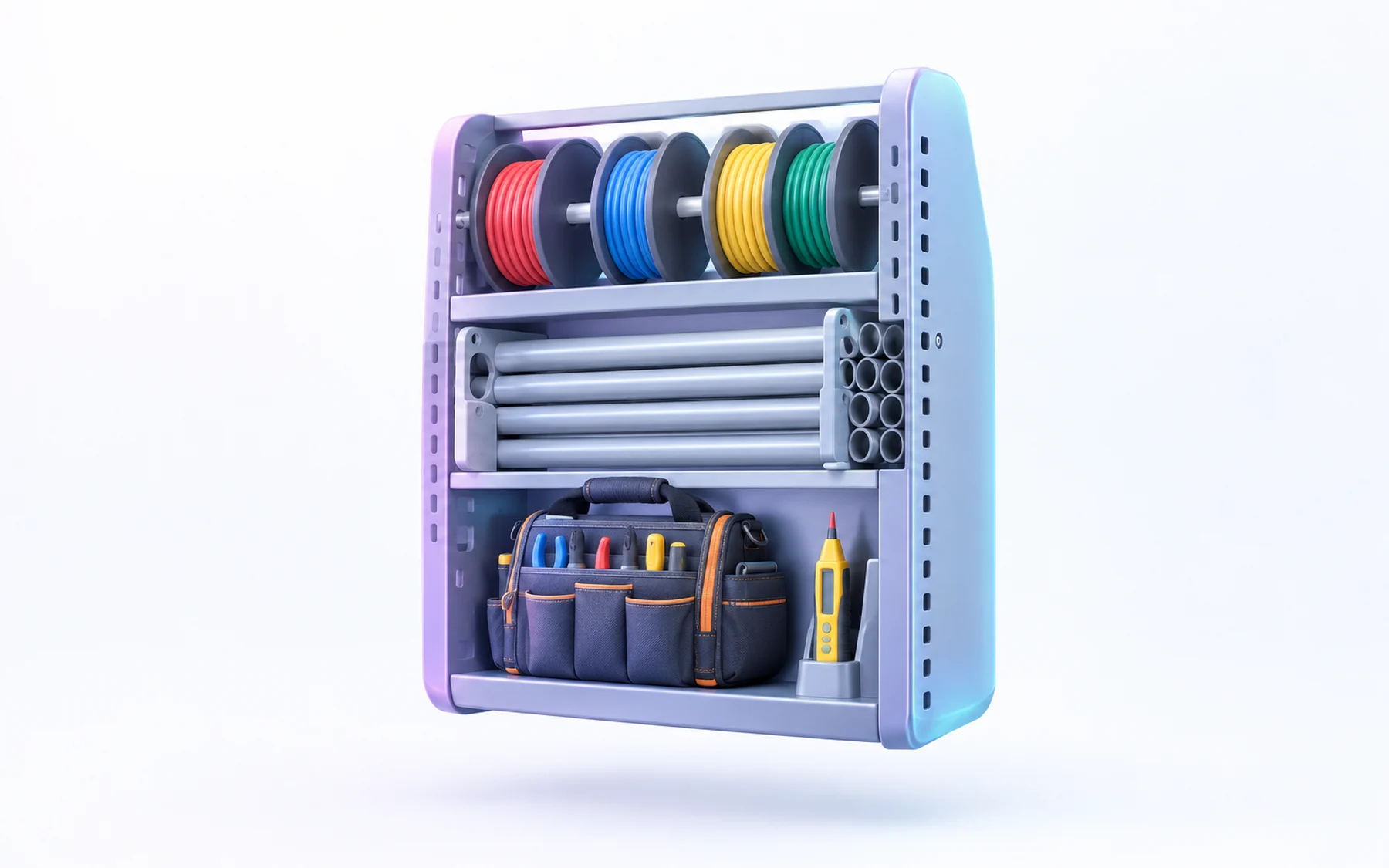 Illustration: van shelving with spools of wire, racked conduit, a tool bag and a voltage tester.