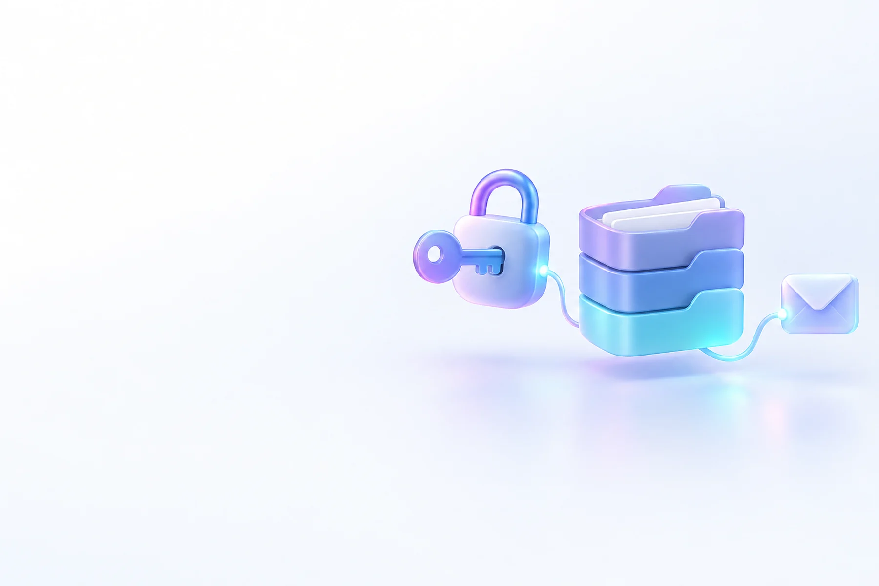 Illustration: A glossy padlocked key hovering beside a stack of unmoved rounded folder trays, connected by a soft glowing cable to a small envelope icon.