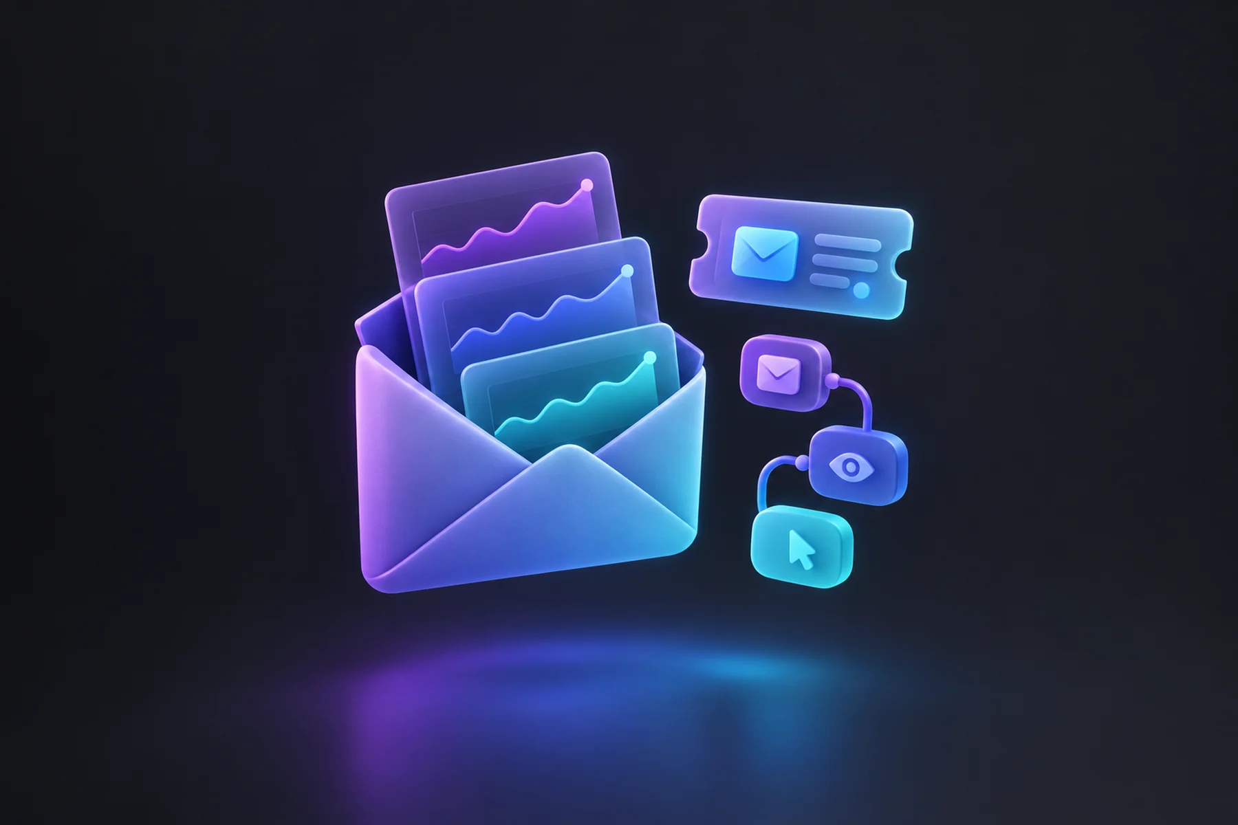 Illustration: A floating envelope opening to reveal glowing chart cards showing send, open, and click curves, with a small ticket-shaped notification card beside a flow diagram of connected rounded nodes.