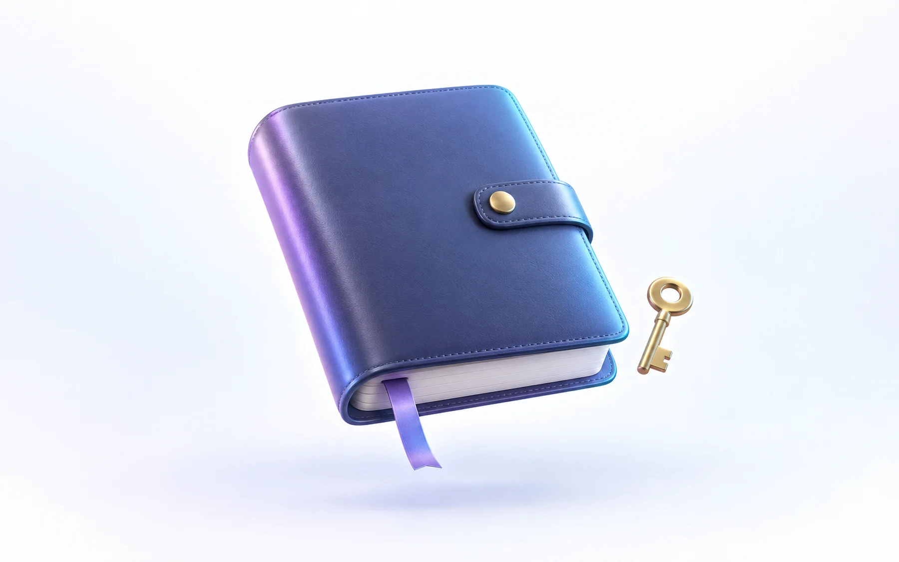 Illustration: a closed leather binder with a ribbon bookmark and a small brass key beside it.