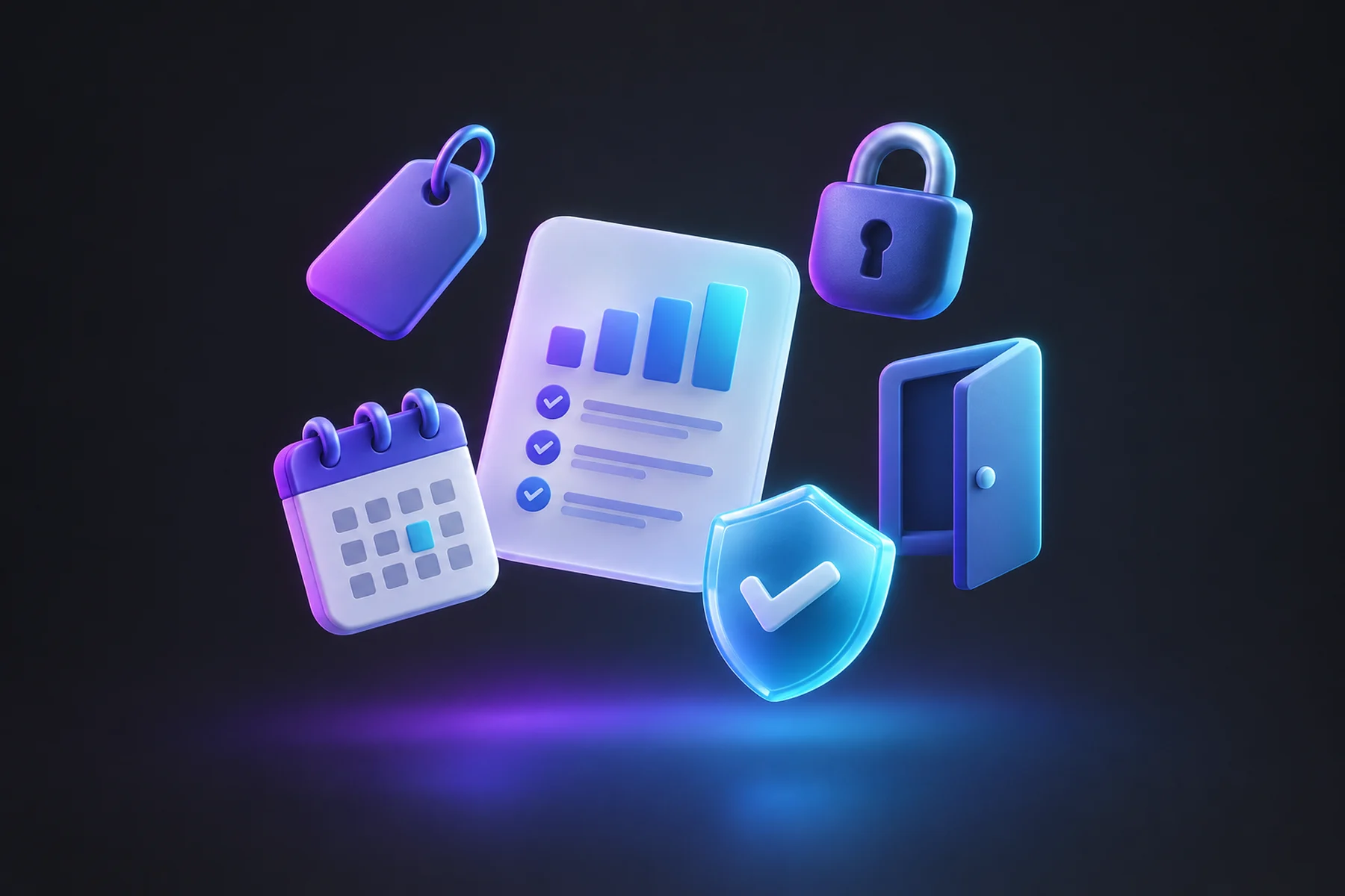Illustration: A floating price tag, a small padlock, a calendar page, an unlocked door icon-object, and a glossy checkmark shield arranged around a central chart card.