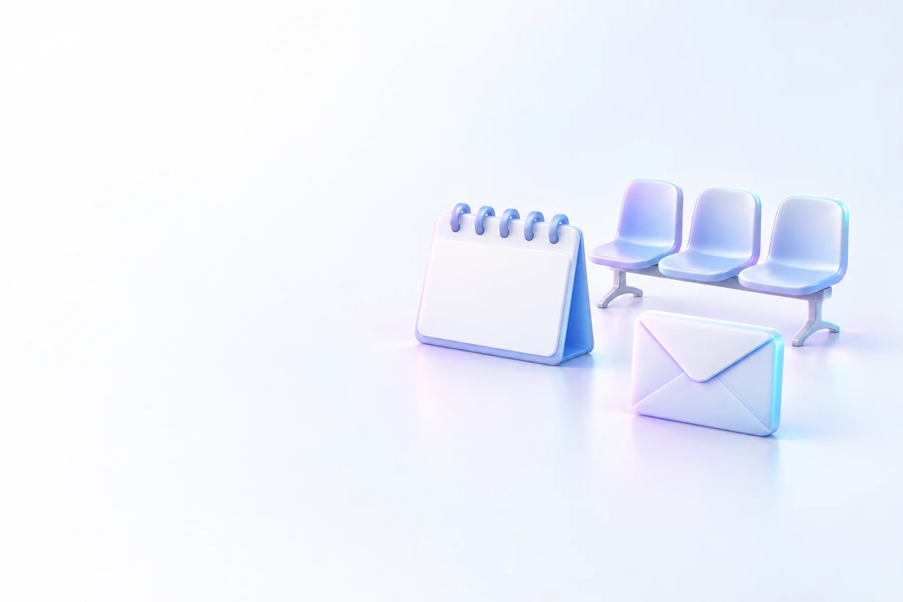 Illustration: a blank calendar, a row of empty seats and a sealed envelope.