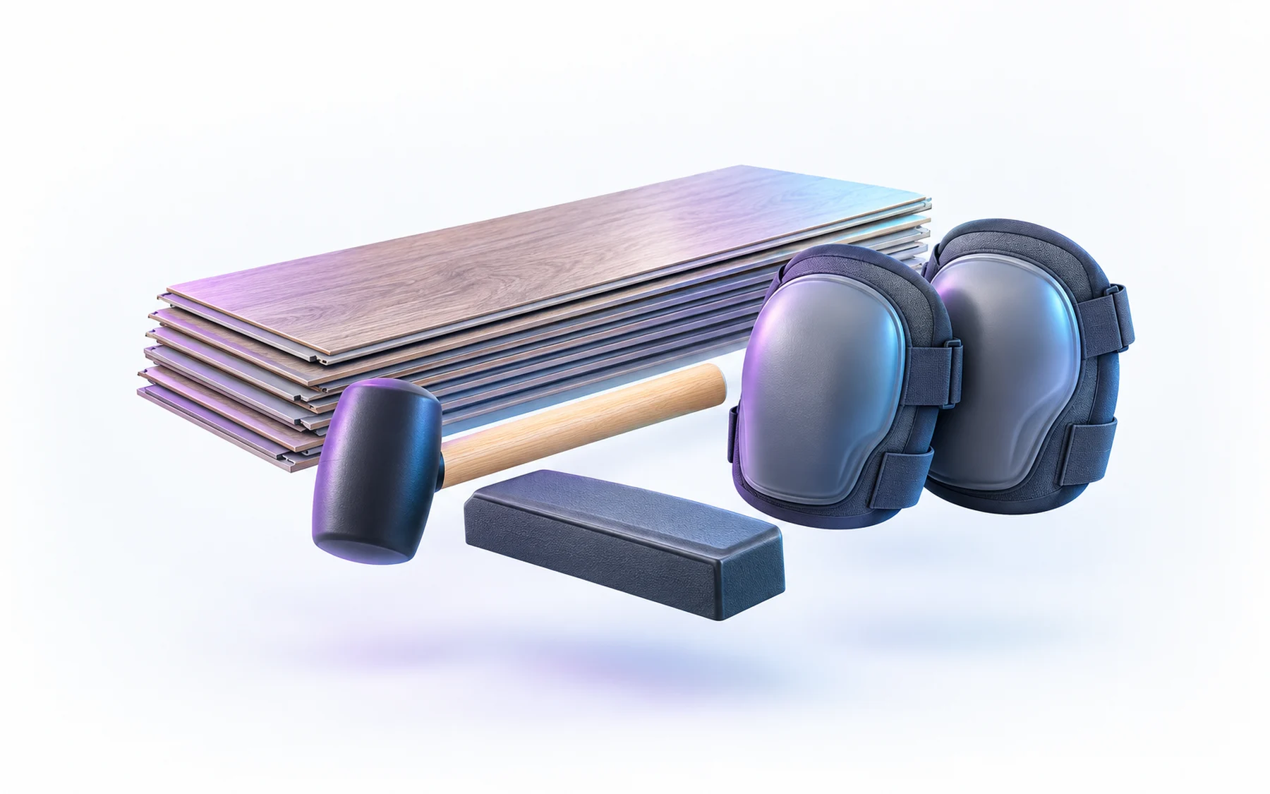 Illustration: a short stack of vinyl planks, a rubber mallet, a tapping block and a pair of knee pads.