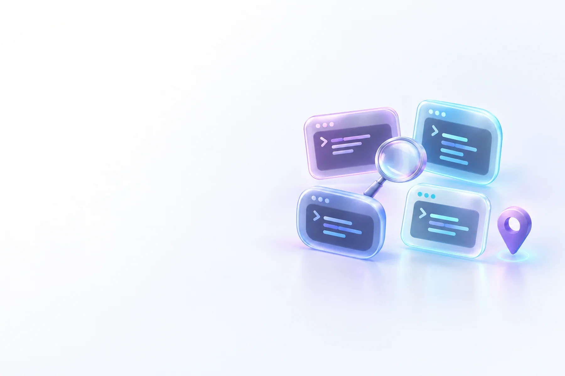 Illustration: Four small glossy rounded terminal-like panels of slightly different shapes arranged together, each glowing faintly, with a small magnifying glass hovering over them and a map pin beside one panel.